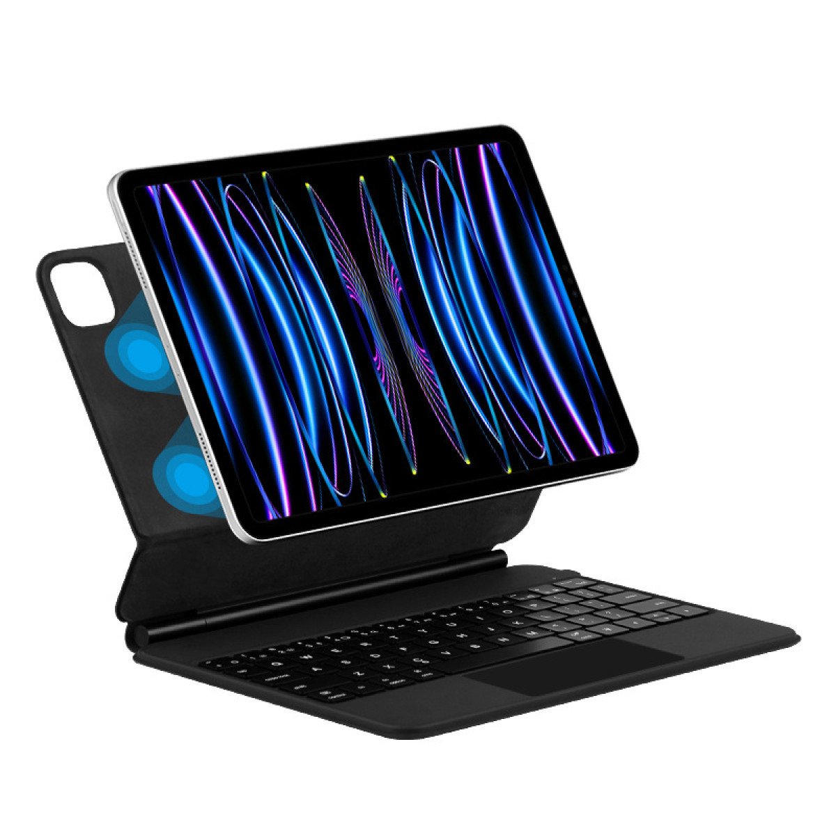 Un tablet nero con tastiera su sfondo bianco. Lo schermo mostra linee blu e viola.