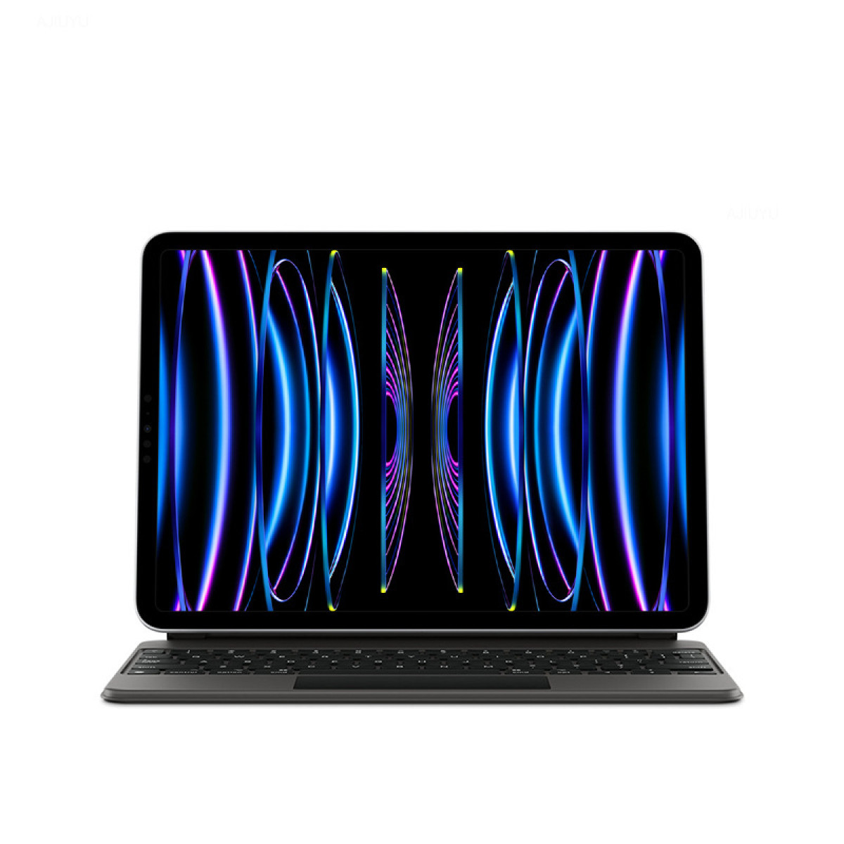 Un tablet nero con una tastiera collegata. Lo schermo mostra un design astratto colorato con linee blu.
