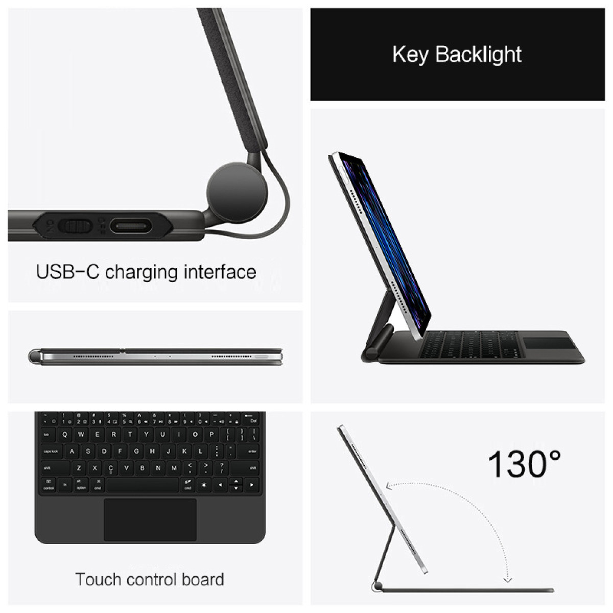 Immagini mostrano un tablet e tastiera, dettagliando funzioni come la porta USB-C.