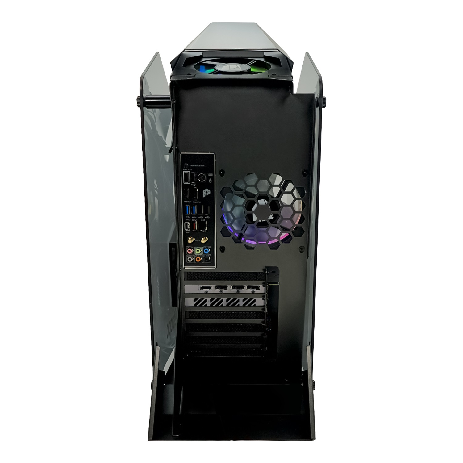 Widok z tyłu czarnej obudowy komputera z wentylatorem i różnymi portami.