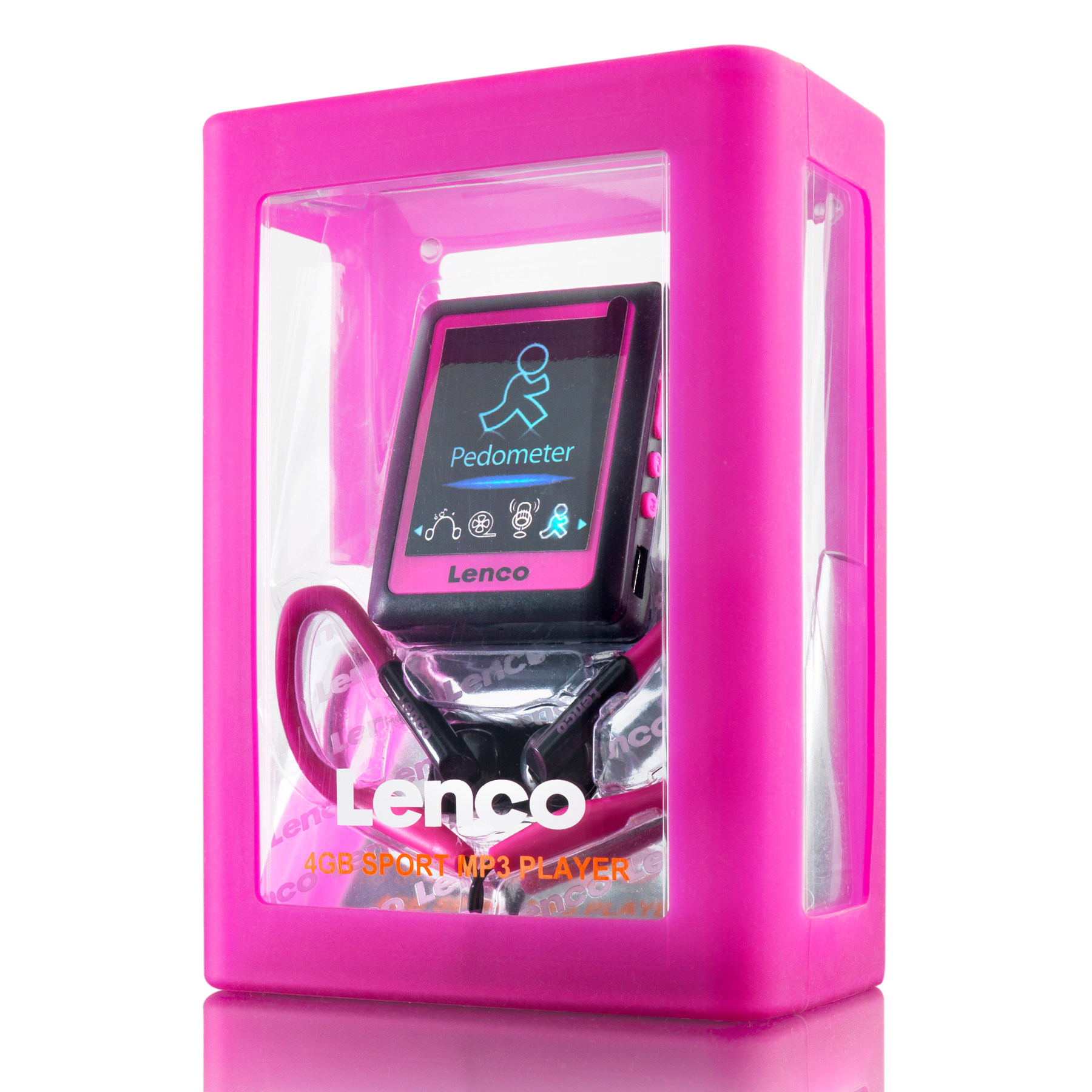 Pinkfarbener MP3-Player in einer transparenten Box. Er hat einen Bildschirm, ein Headset und den Markennamen Lenco.