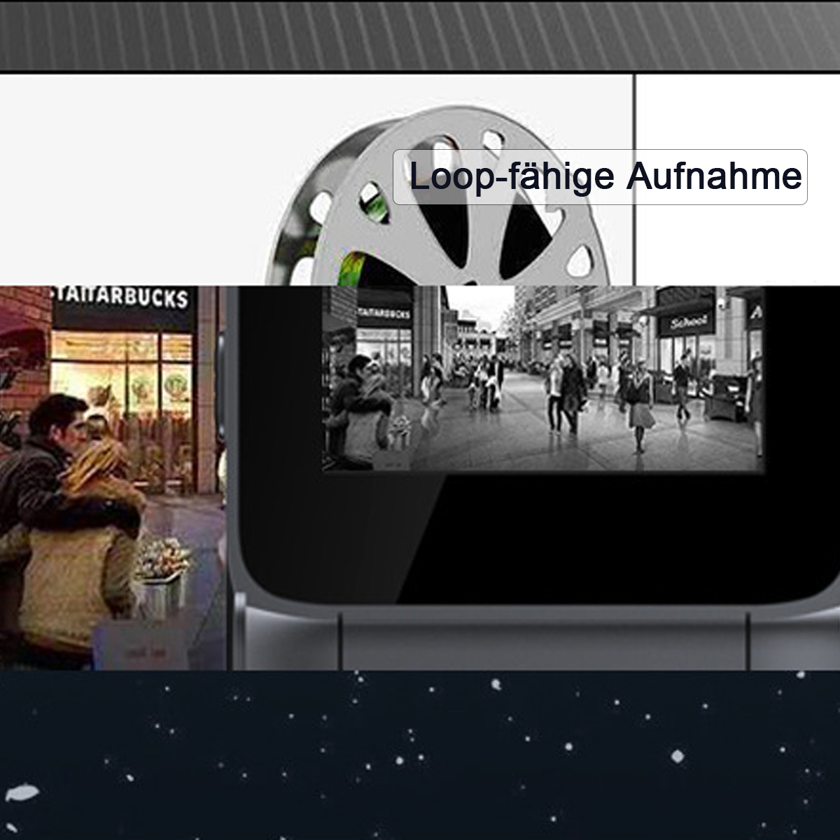 Ein Bildschirm, der verschiedene Bilder zeigt, darunter eine Filmrolle und Stadtszenen.