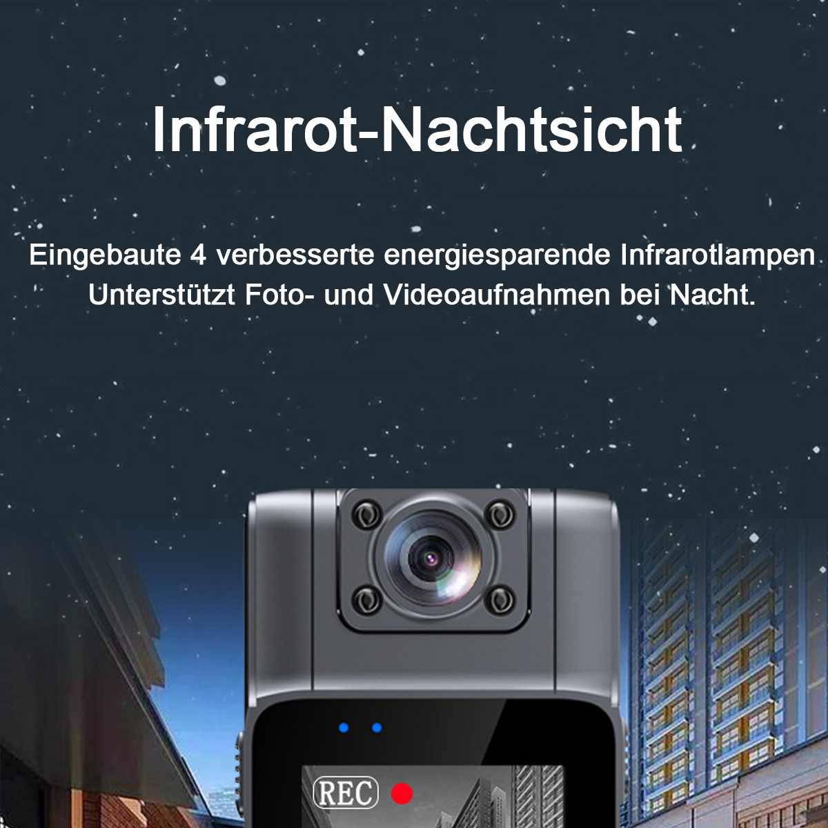 Eine dunkelgraue Dashcam mit Objektiv und rotem Licht, vor sternenklarem Nachthimmel.