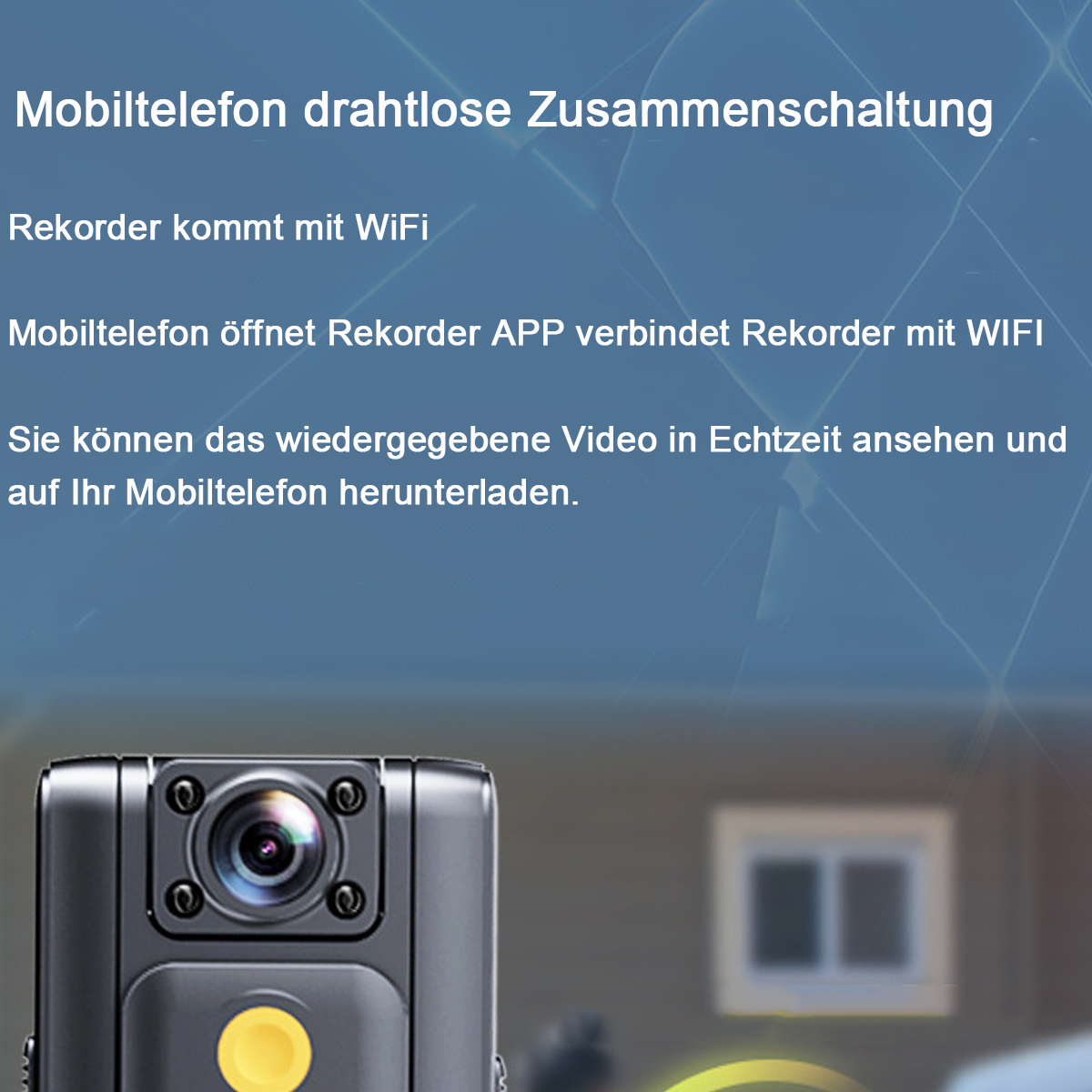 Eine schwarze Kamera mit WLAN und Text zum Verbinden und Herunterladen von Videos.