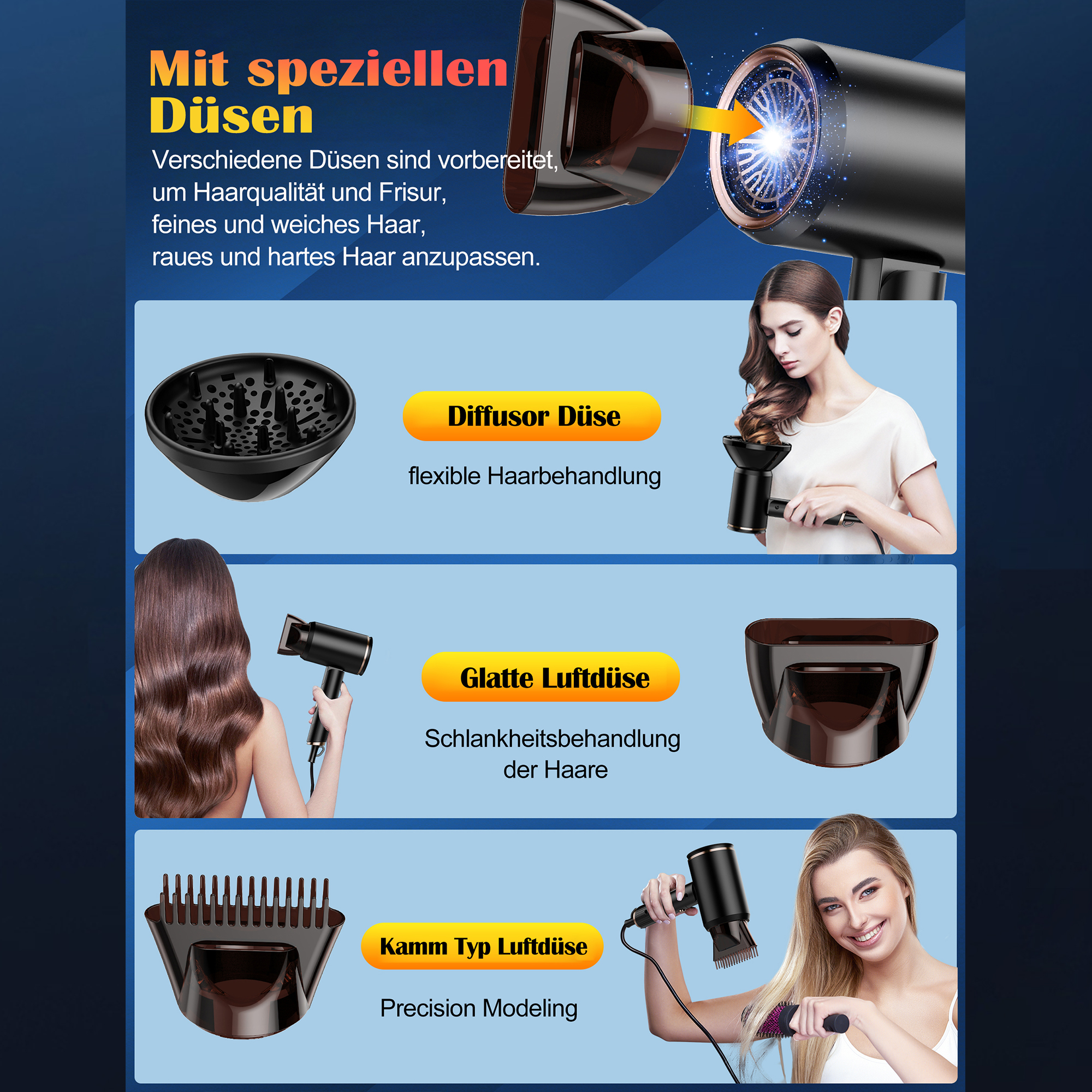 Haartrockner mit verschiedenen Düsen. Bilder zeigen Haarpflegetechniken. Blauer Hintergrund.