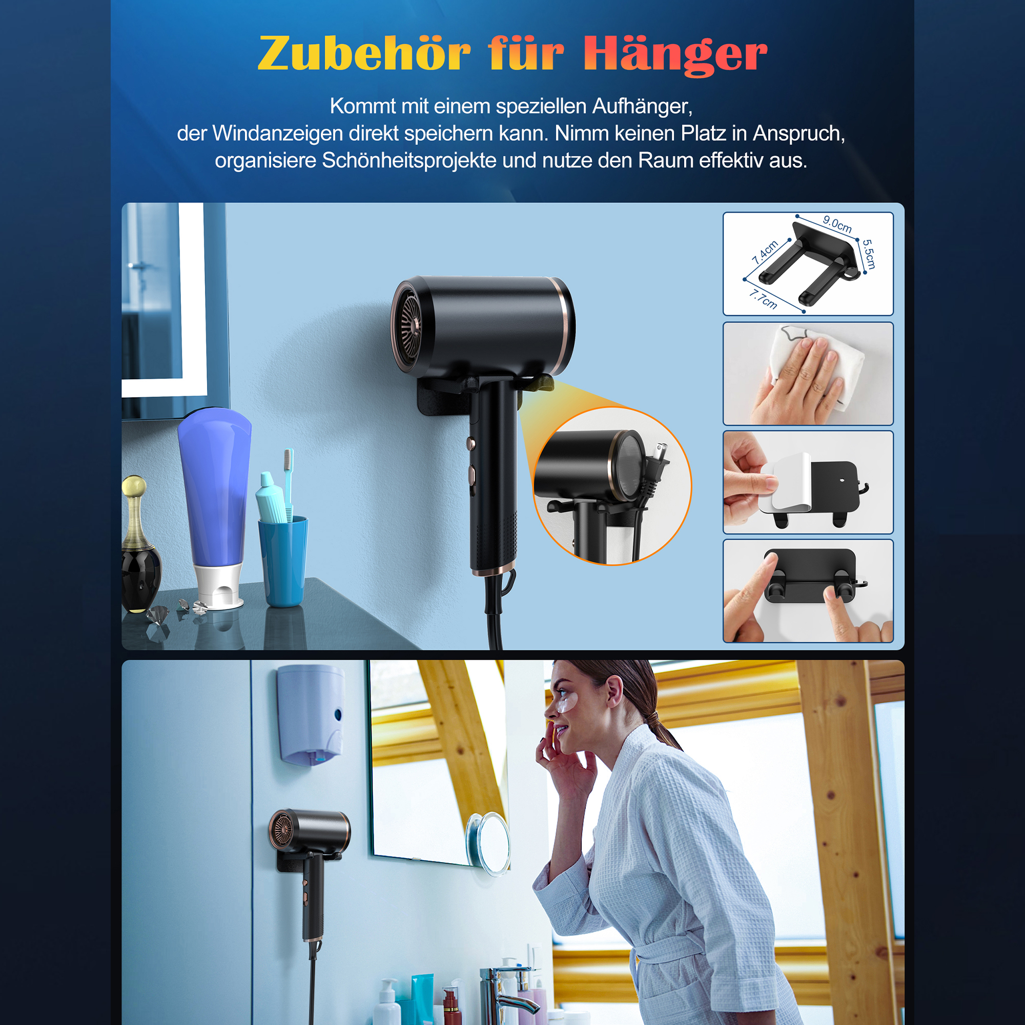 Föhn und Zubehör. Frau schaut in den Spiegel. Text auf Deutsch. Enthält eine Wandhalterung.