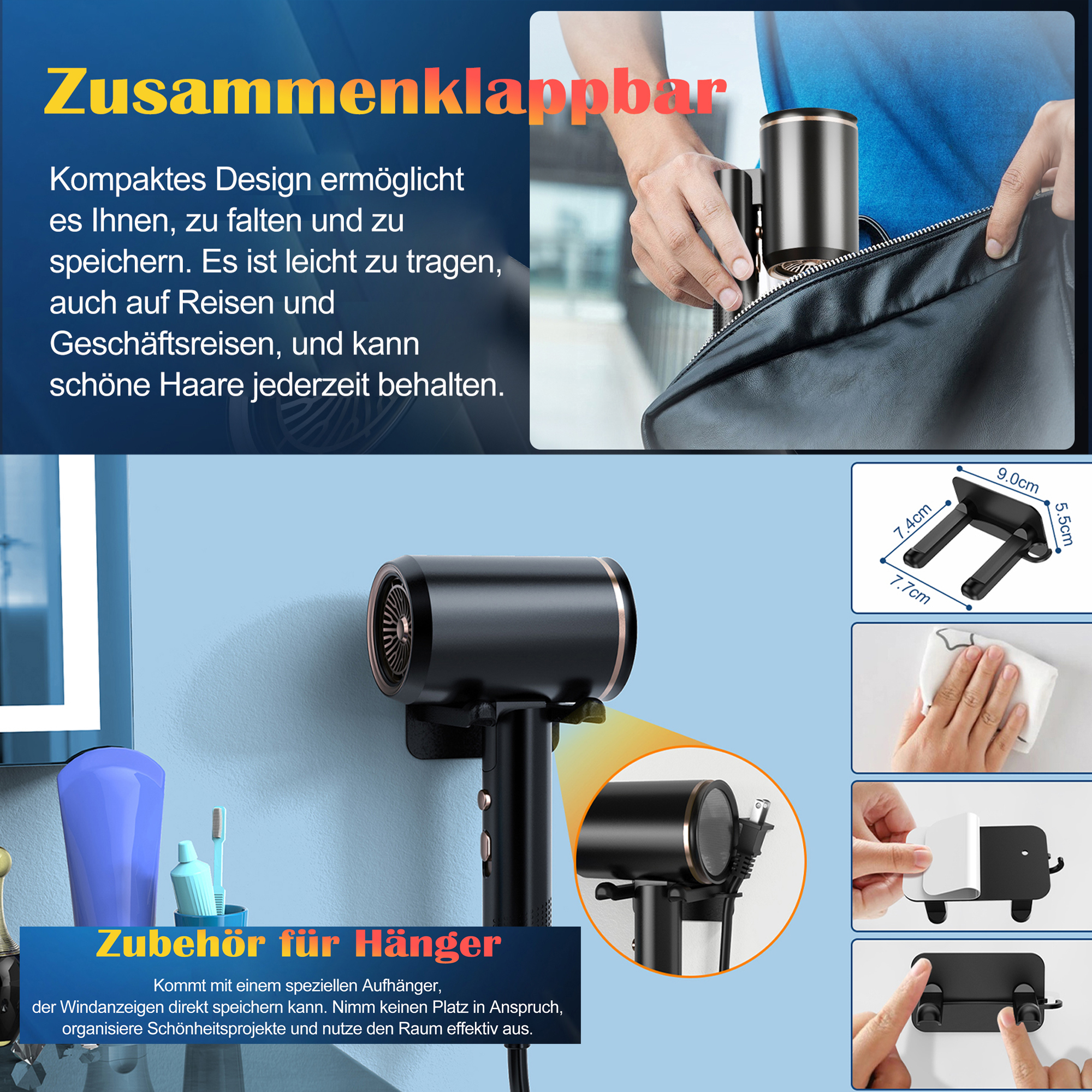 Schwarzer Haartrockner mit Wandhalterung und kleinen Bildern, die seine Funktionen zeigen.