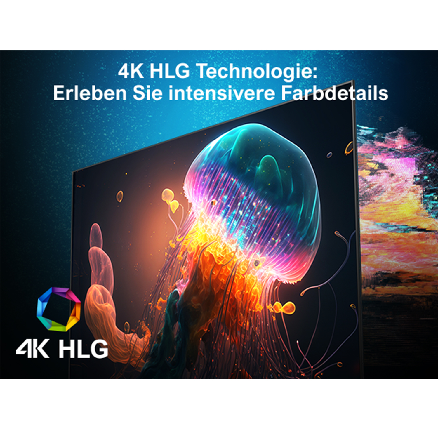 Fernsehbildschirm mit einem bunten Quallenbild.