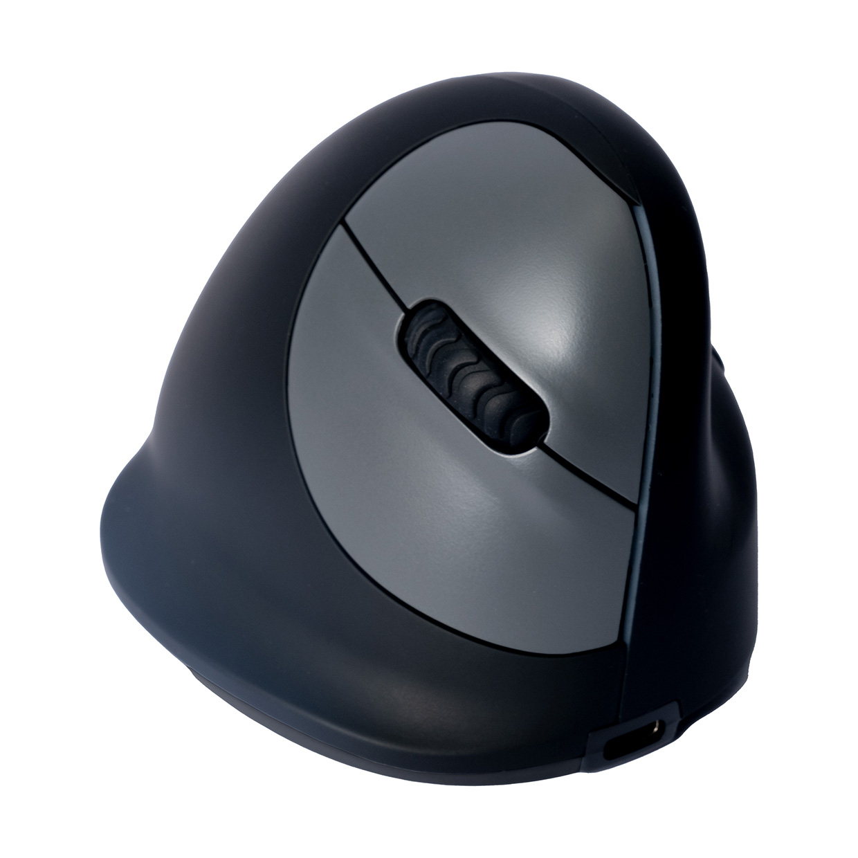 Eine schwarz-graue vertikale ergonomische Maus auf weißem Hintergrund.