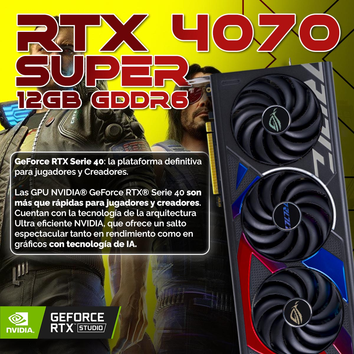 Una tarjeta gráfica con una descripción de RTX 4070 Super con dos personas al fondo.