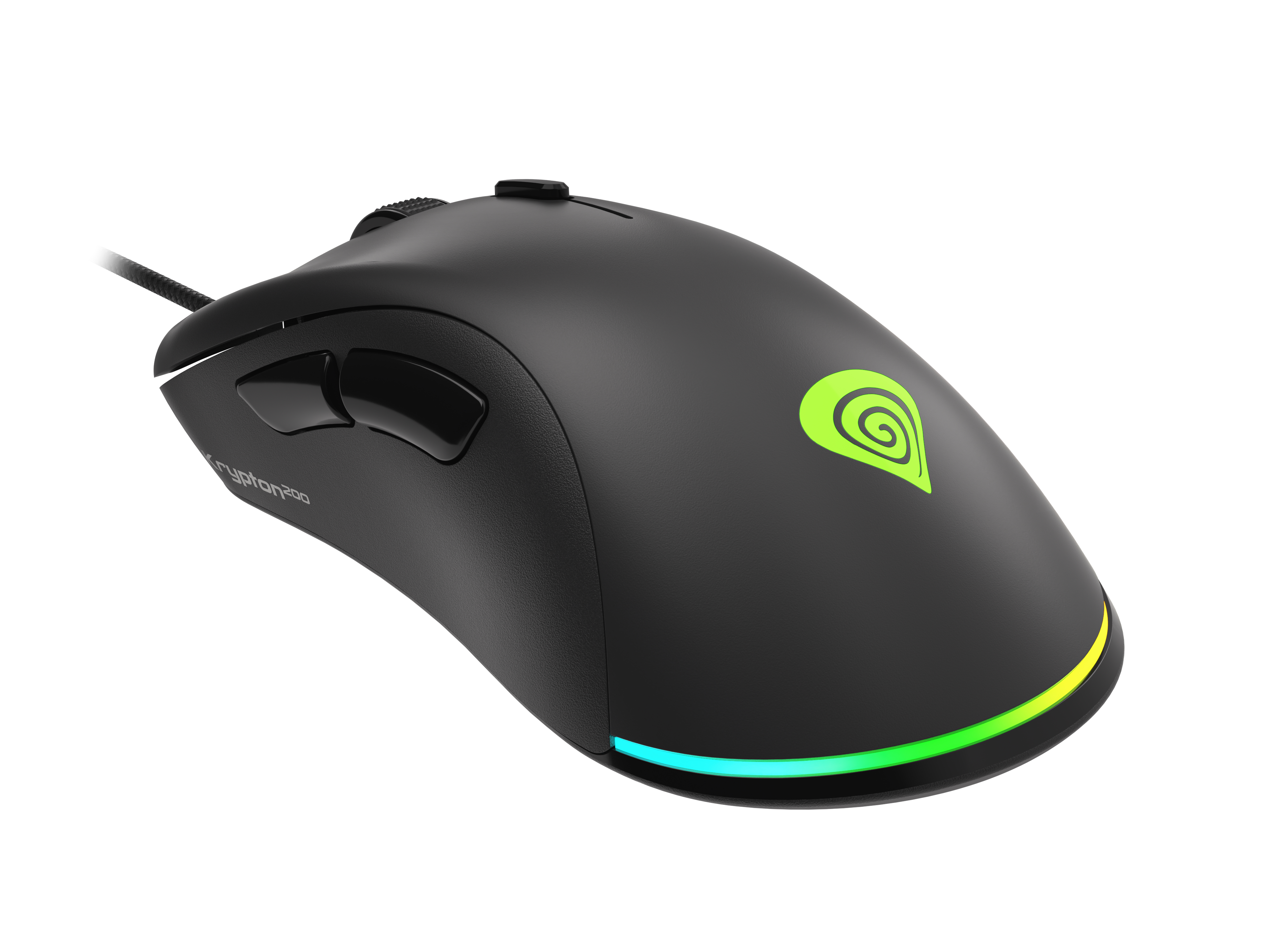 Een zwarte computermuis met groene en blauwe verlichting. Het heeft een Genesis-logo.