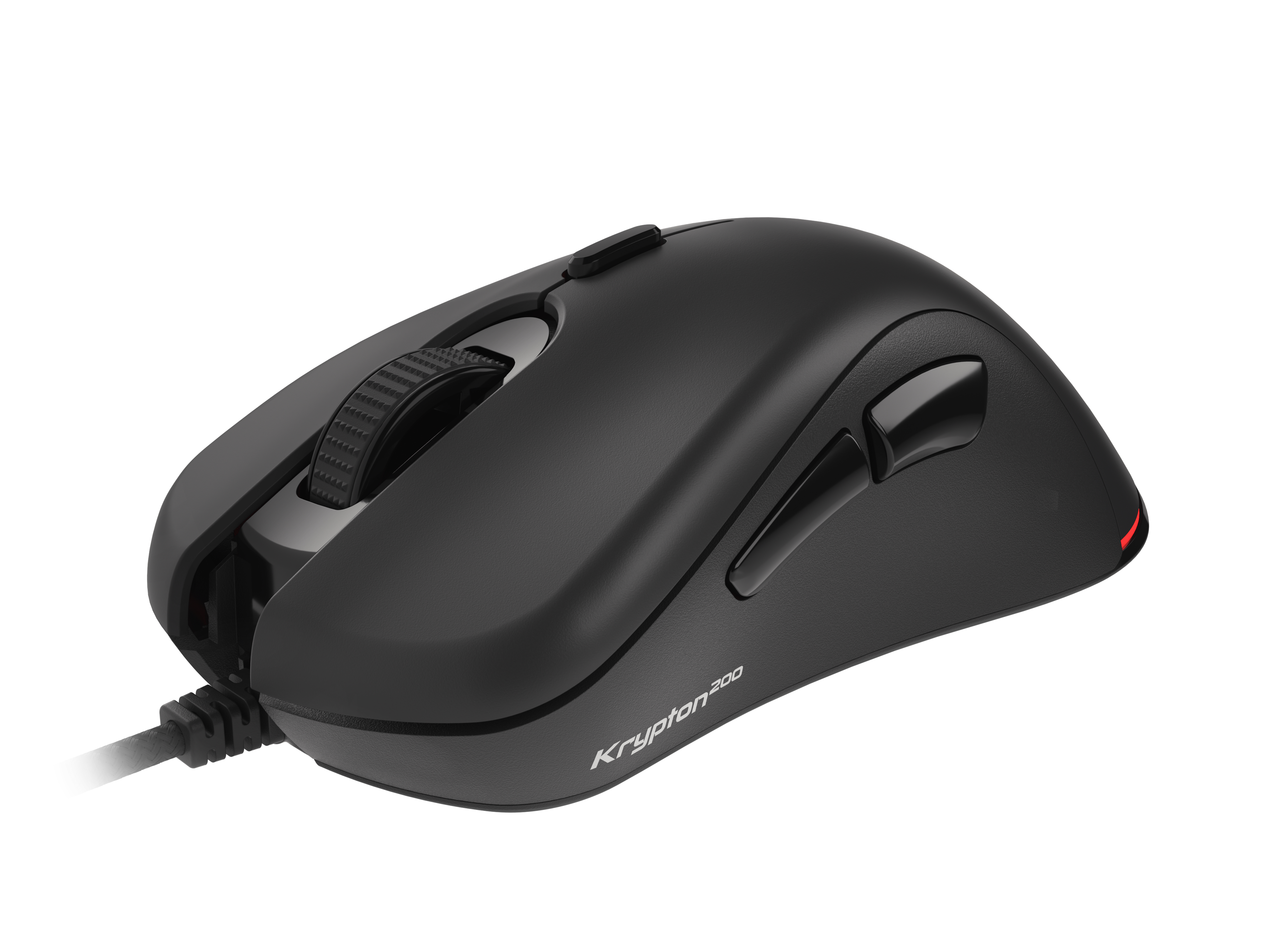 Zwarte computermuis met scrollwiel, zijknoppen en een snoer. Witte achtergrond.