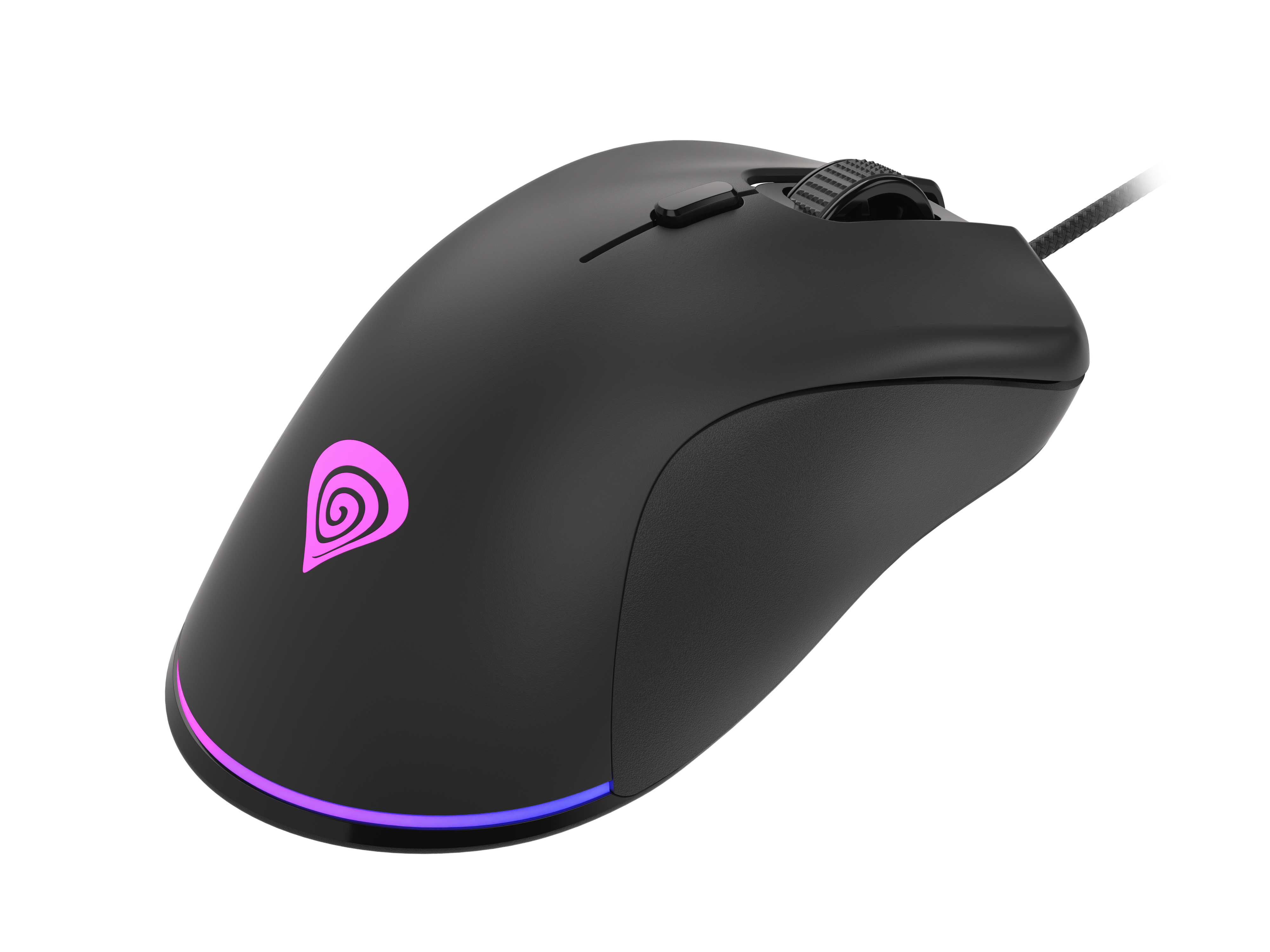 Zwarte gamingmuis met RGB-verlichting en een logo op een witte achtergrond.