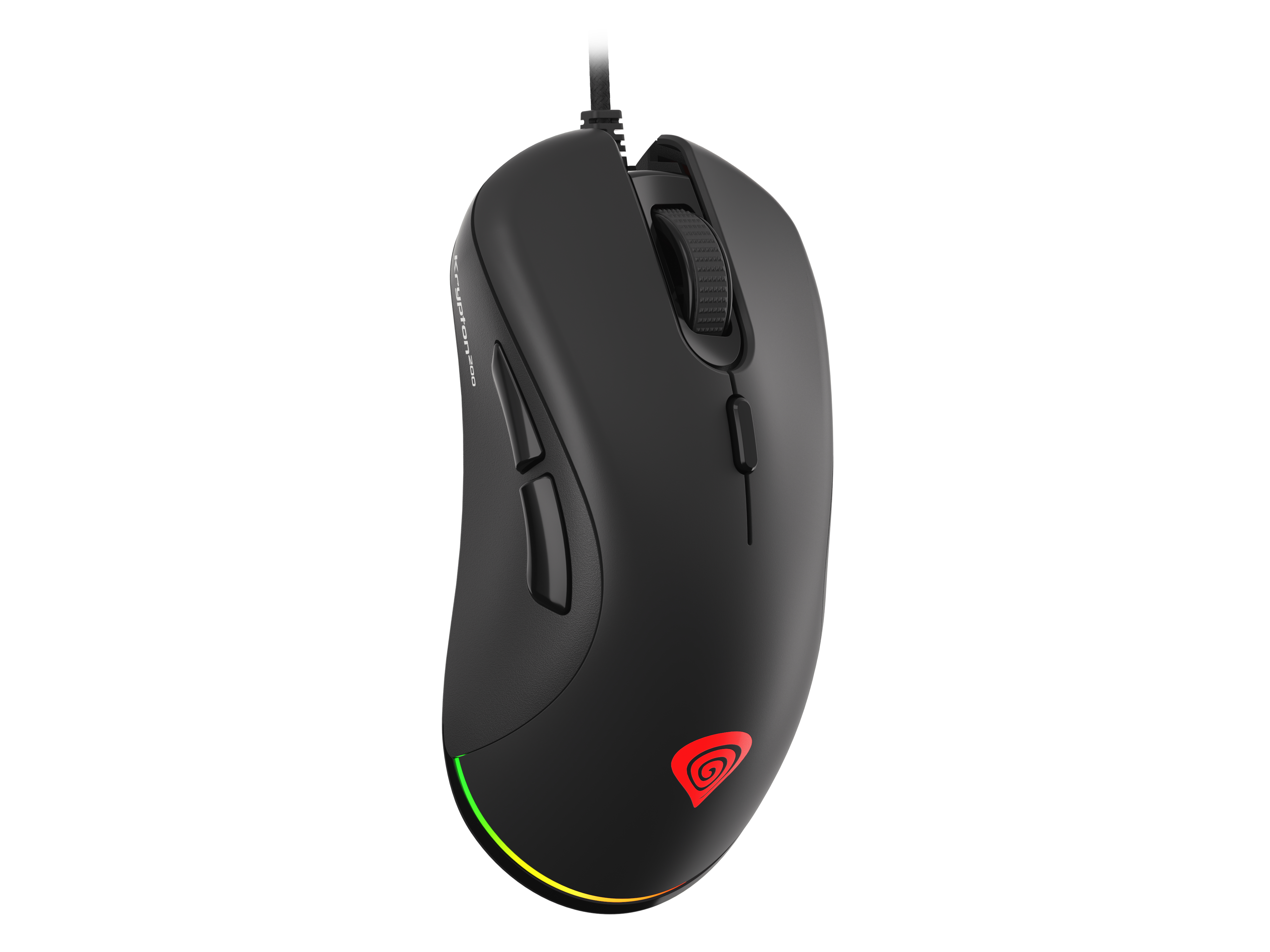 Zwarte gamingmuis met gekleurde lichten langs de onderkant en zijknoppen.