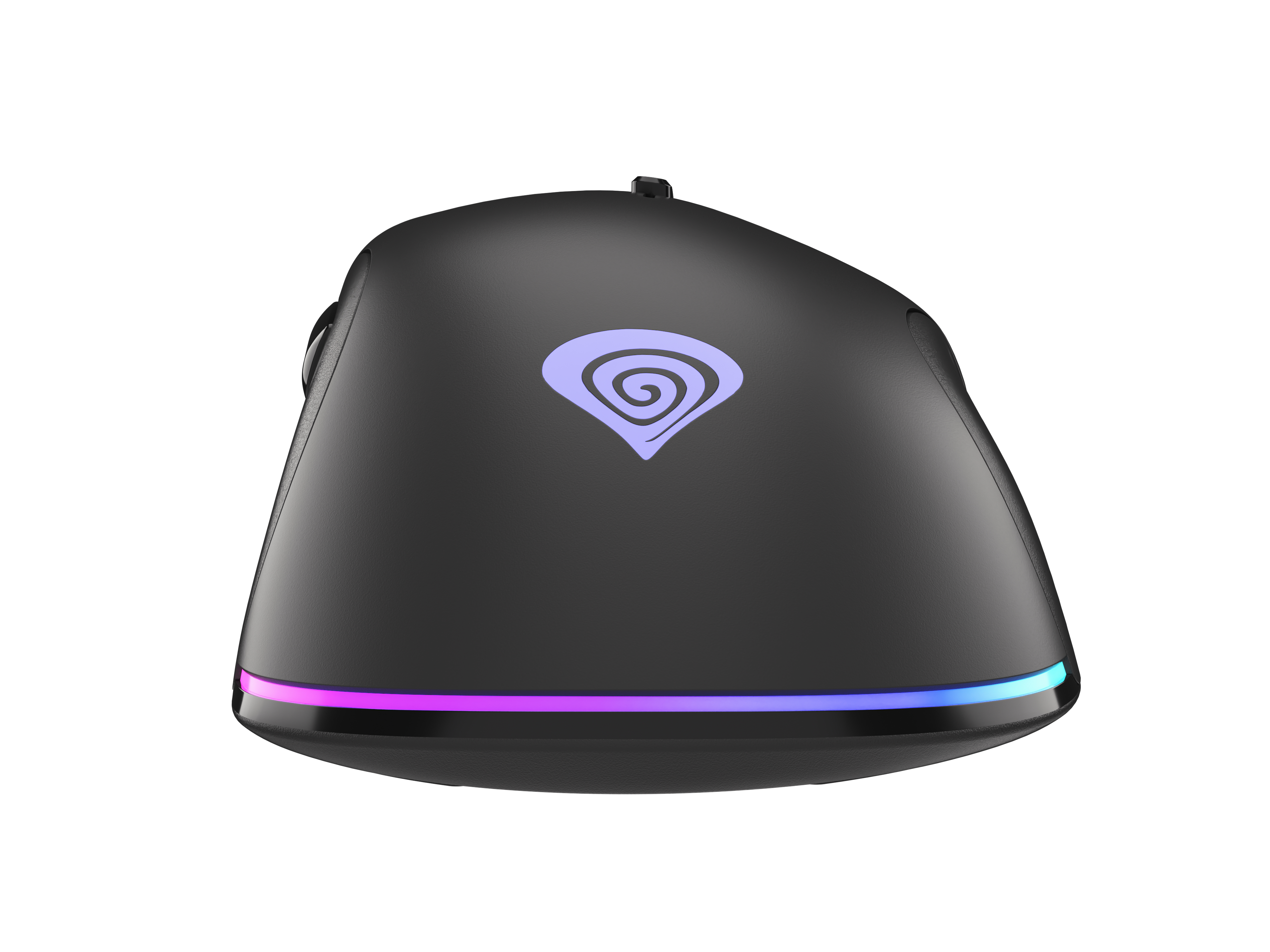 Zwarte muis met gekleurd onderlicht en een logo bovenop.