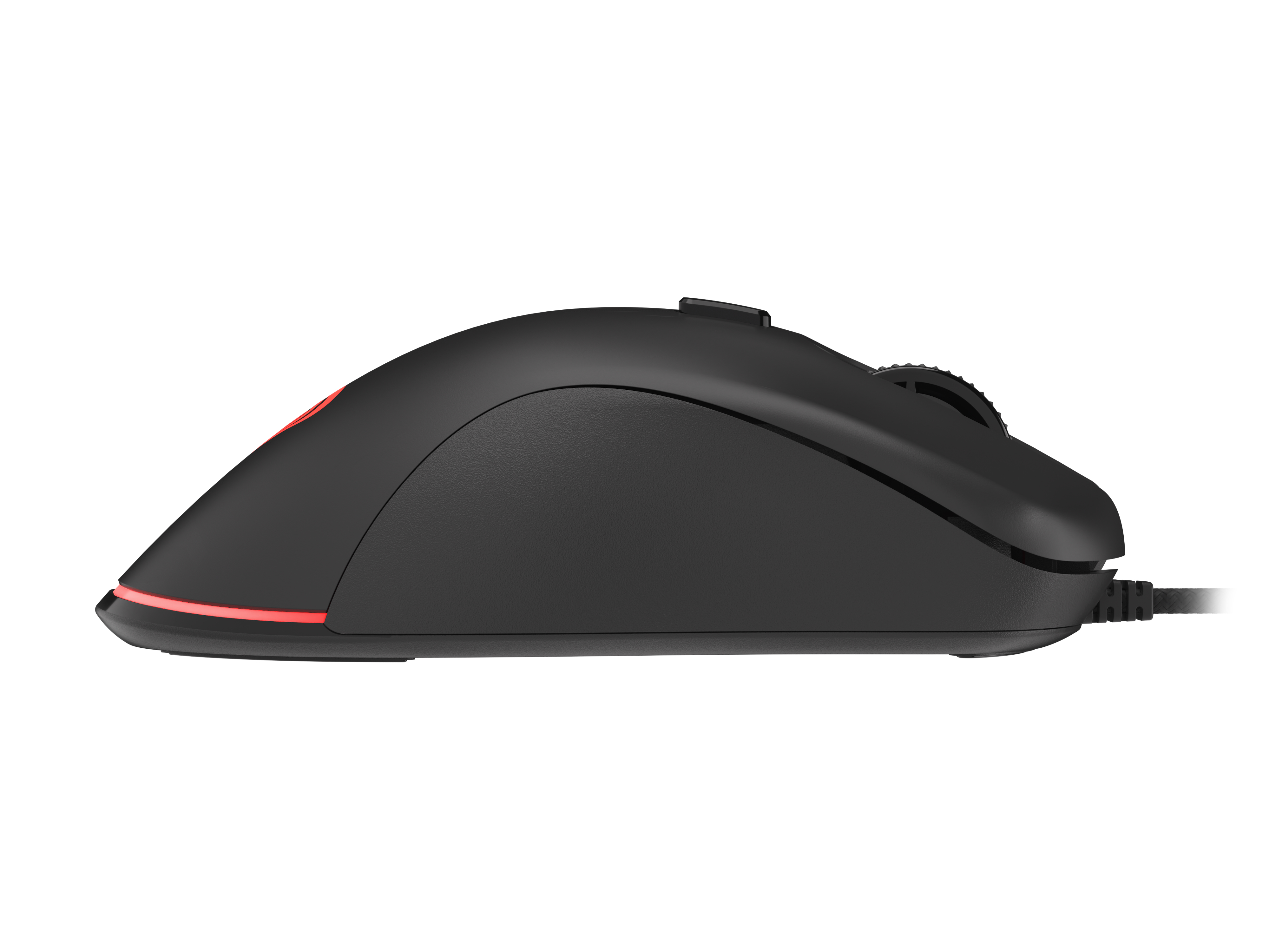 Zwarte gaming muis met rode verlichting aan de zijkant. Zijaanzicht, witte achtergrond.