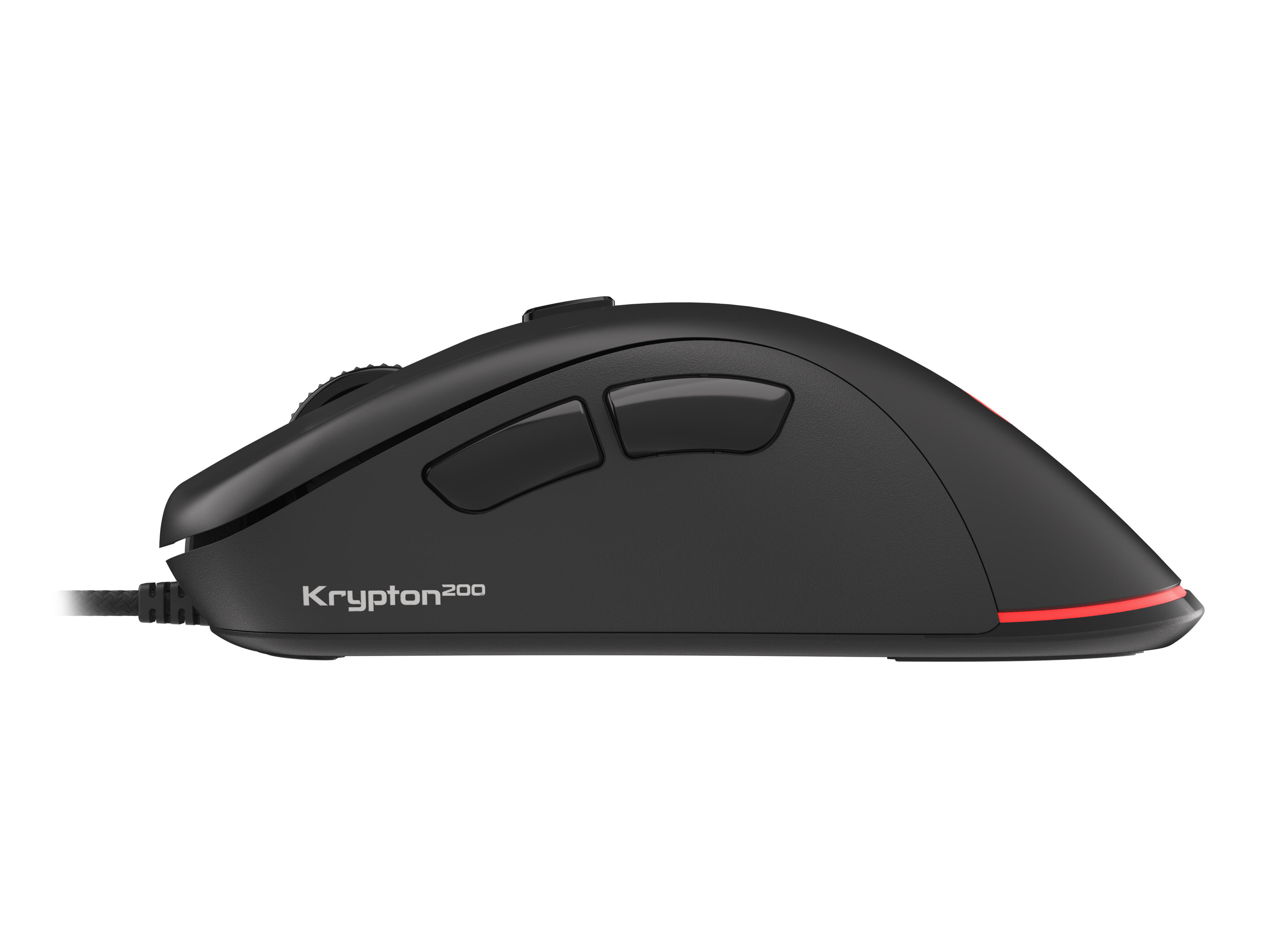 Zwarte Krypton 200 gamingmuis. Heeft twee zijknoppen en een scrollwiel. Rode lijn achter.