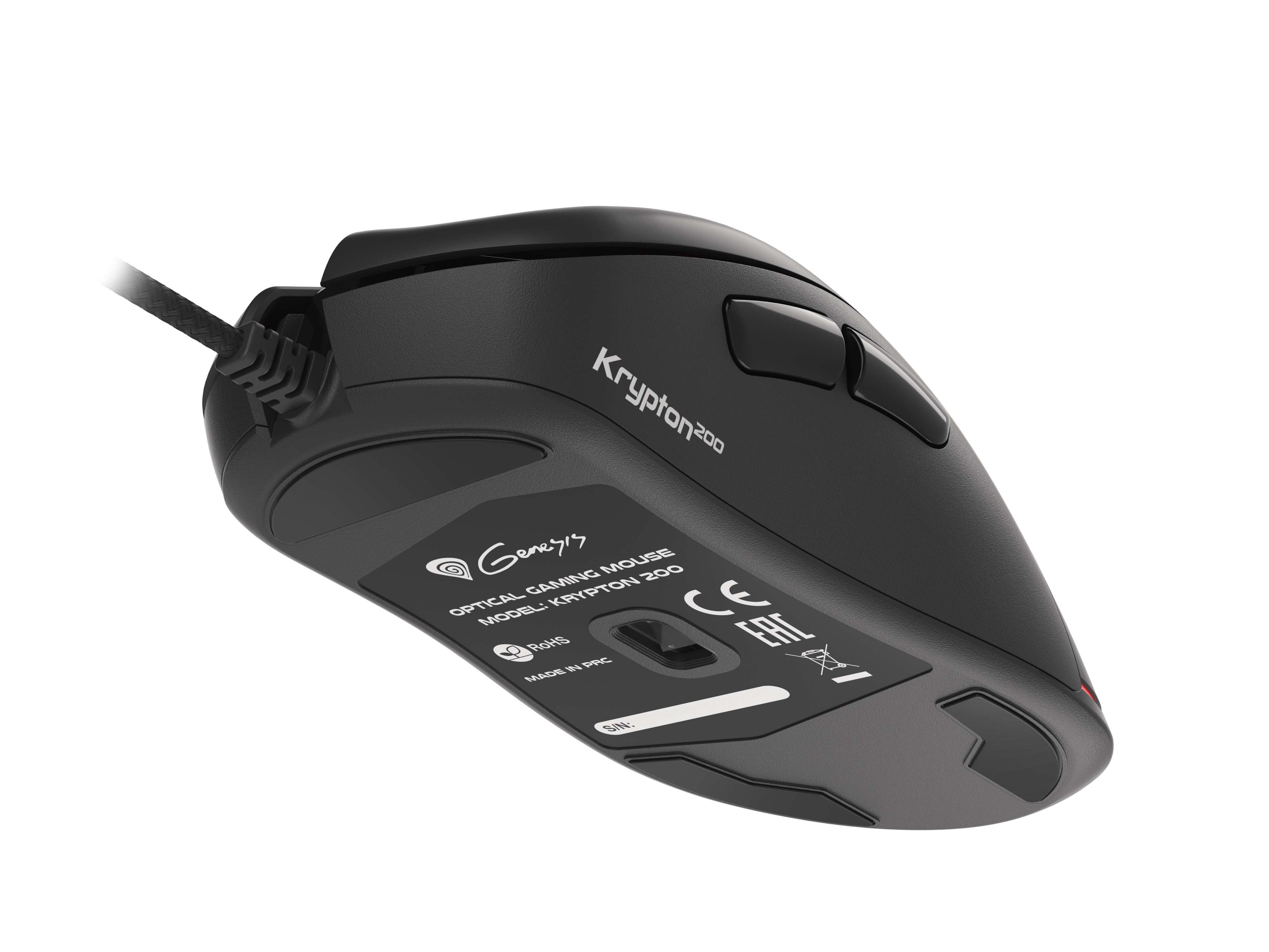 Zwarte gamingmuis met een logo. Hij heeft een getextureerde grip en een kabel.