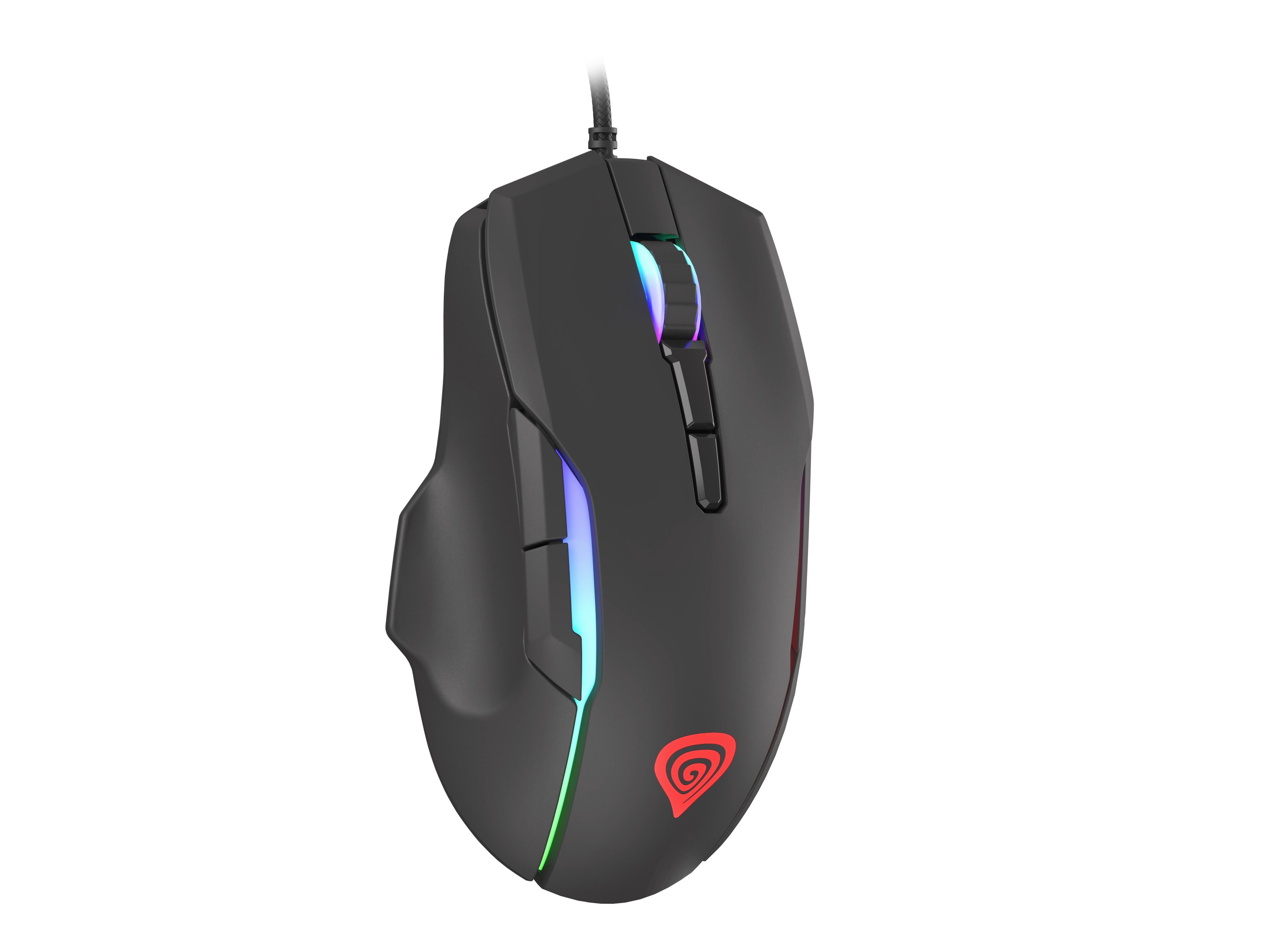 Zwarte gamingmuis met RGB-verlichting en Genesis-logo op witte achtergrond.