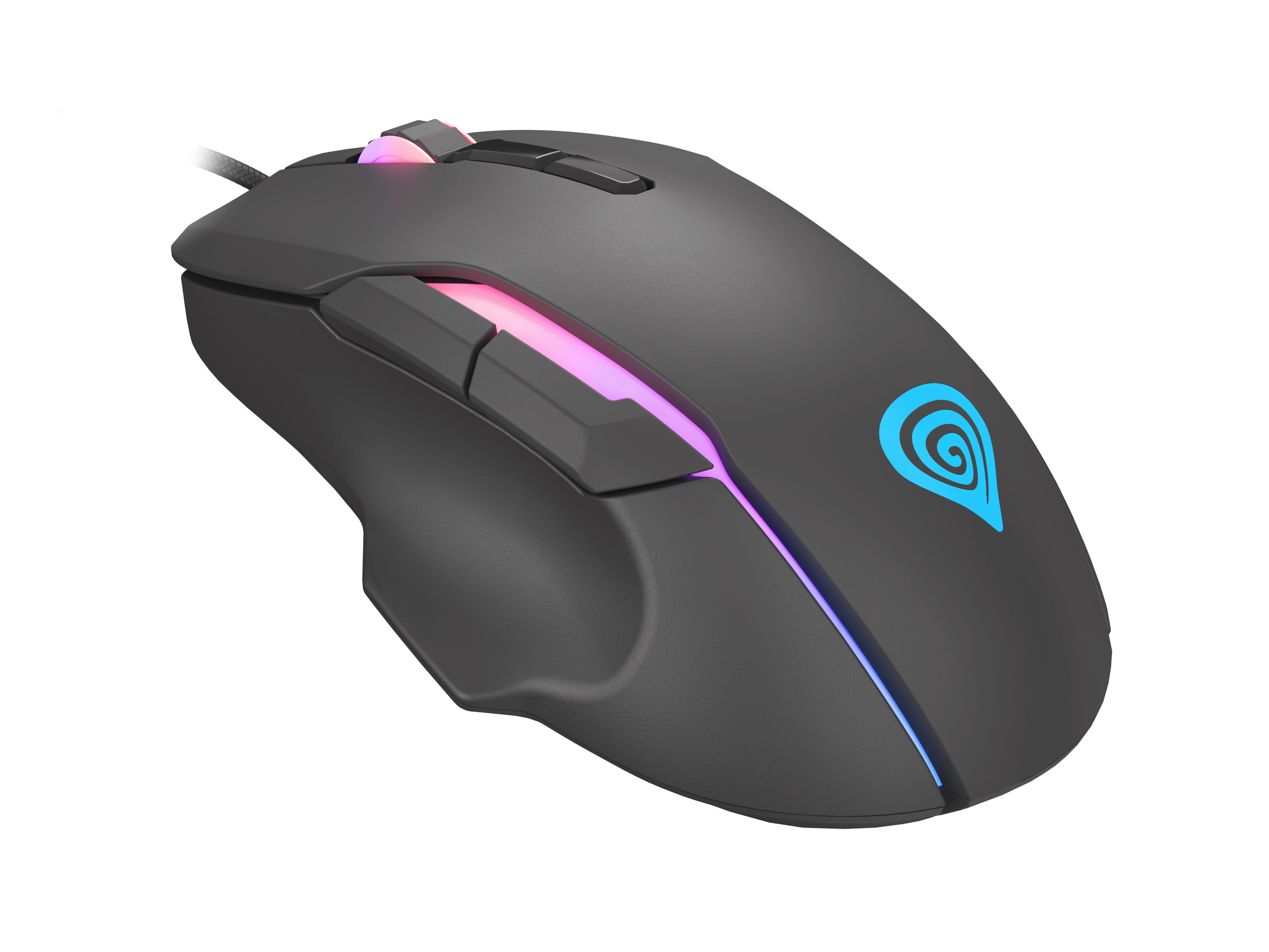 Een zwarte gamingmuis met blauw en roze licht. Het heeft een logo en een scrollwiel.