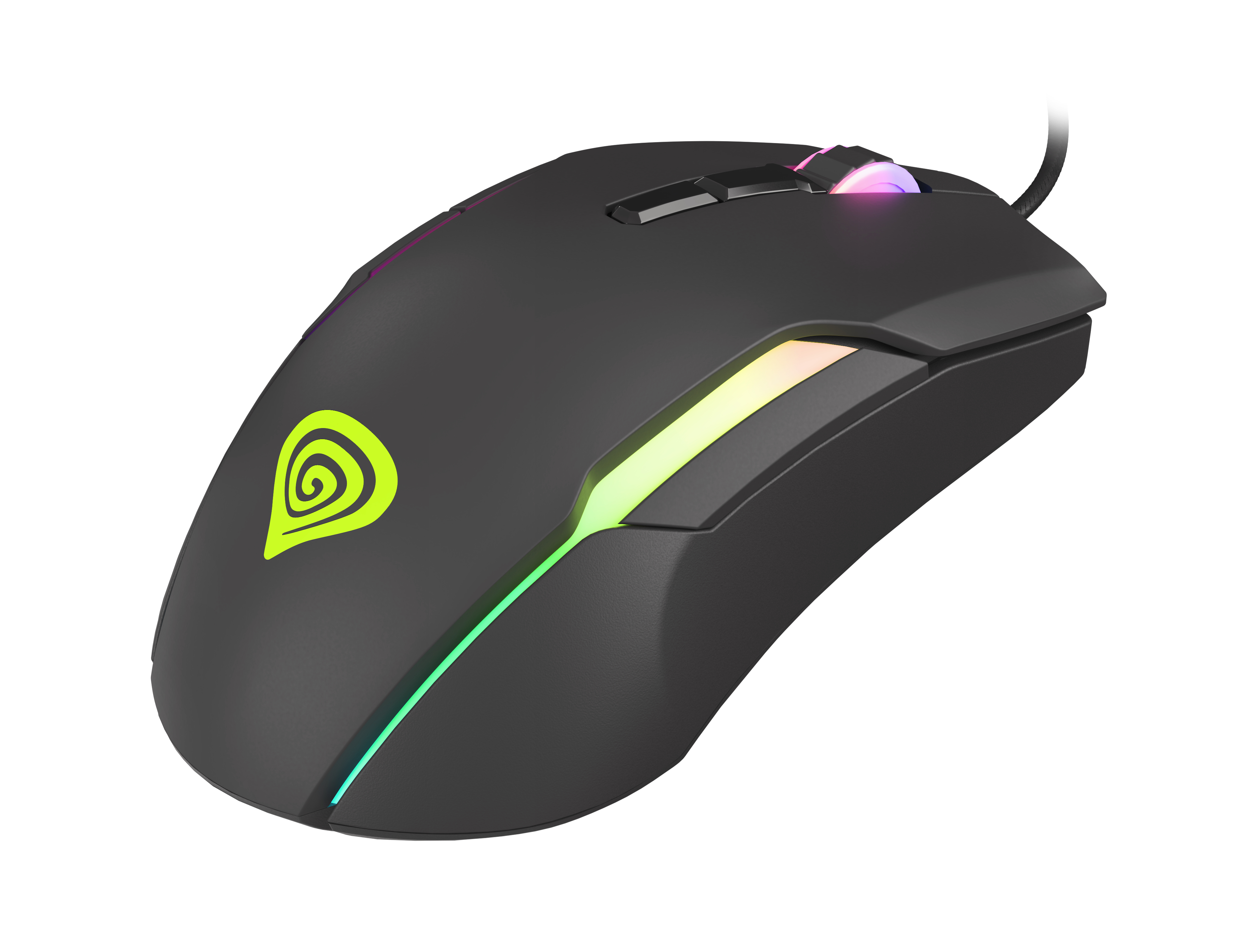 Zwarte gamingmuis met RGB-verlichting. Het heeft een logo en een bekabelde verbinding.