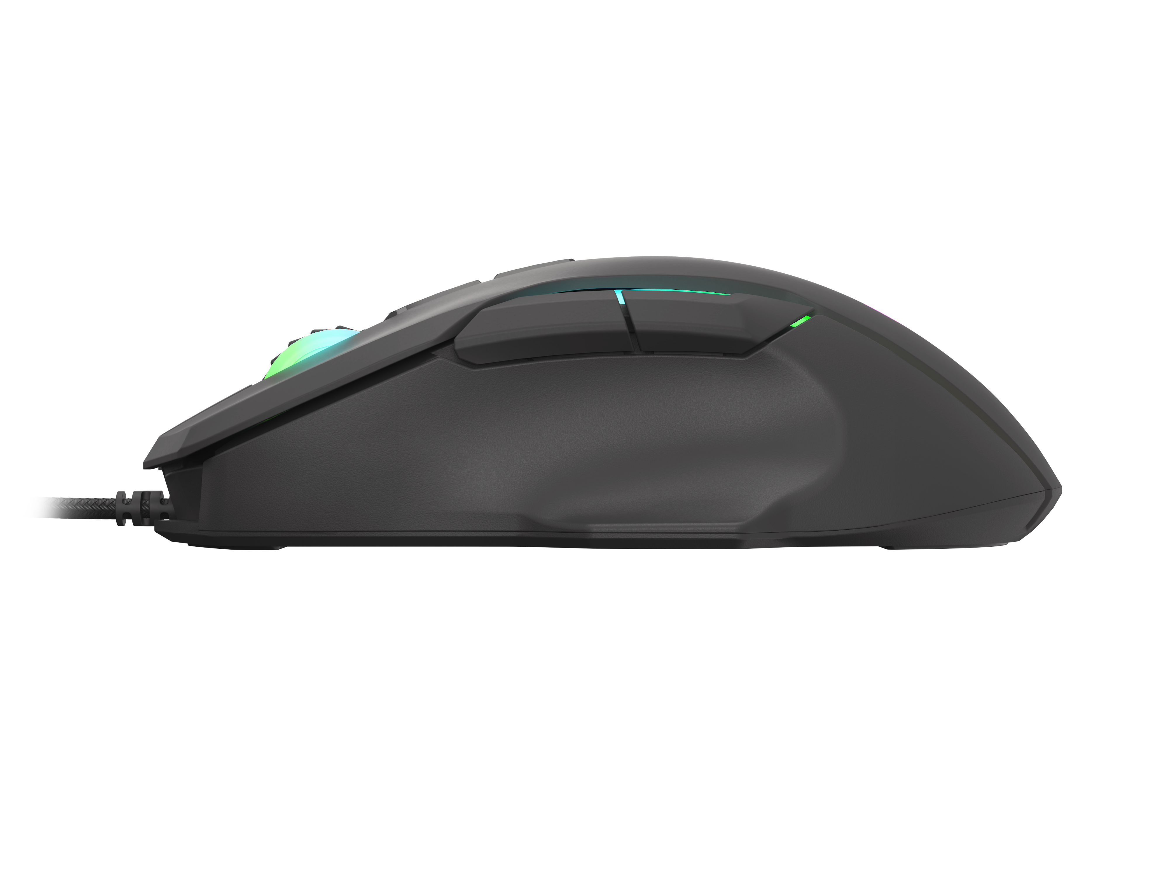 Een zwarte gamingmuis in profiel, met zijknoppen en RGB-verlichting op het scrollwiel.