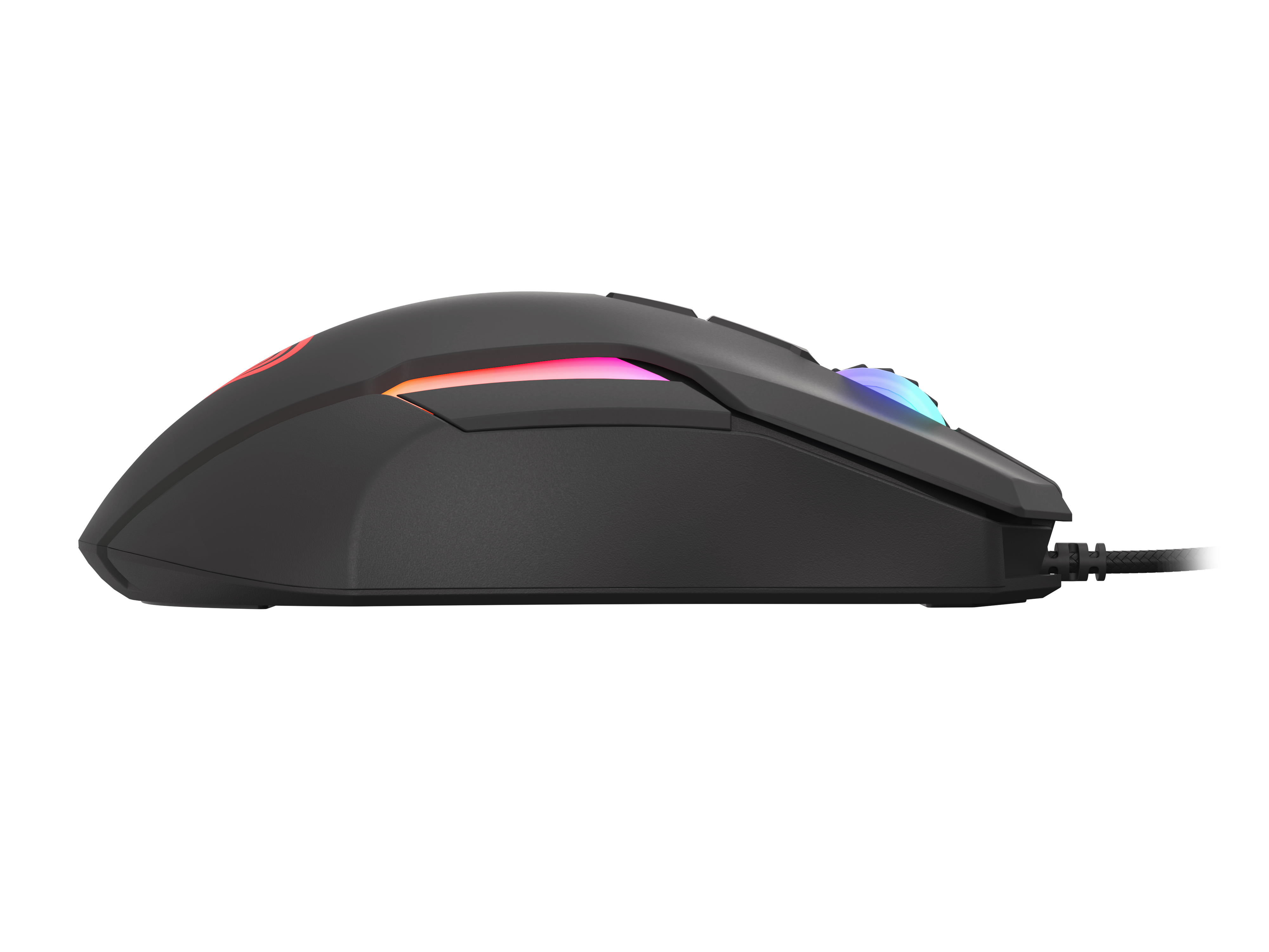Gamingmuis, zijaanzicht. Zwart met RGB-verlichting. Knoppen aan de zijkant en een kabel.