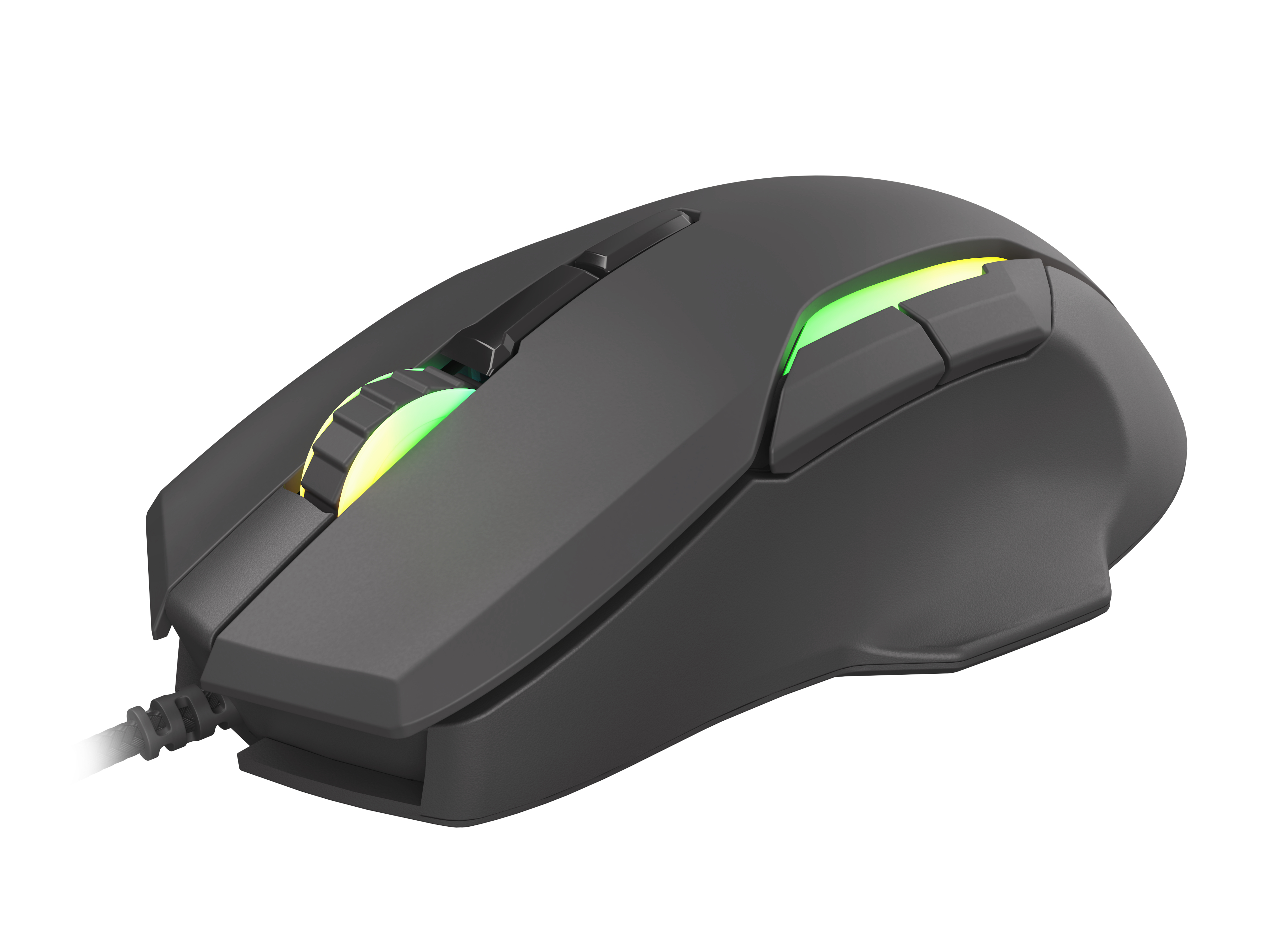 Een zwarte gamingmuis met gekleurde lichten aan de zijkanten. Op een witte achtergrond.