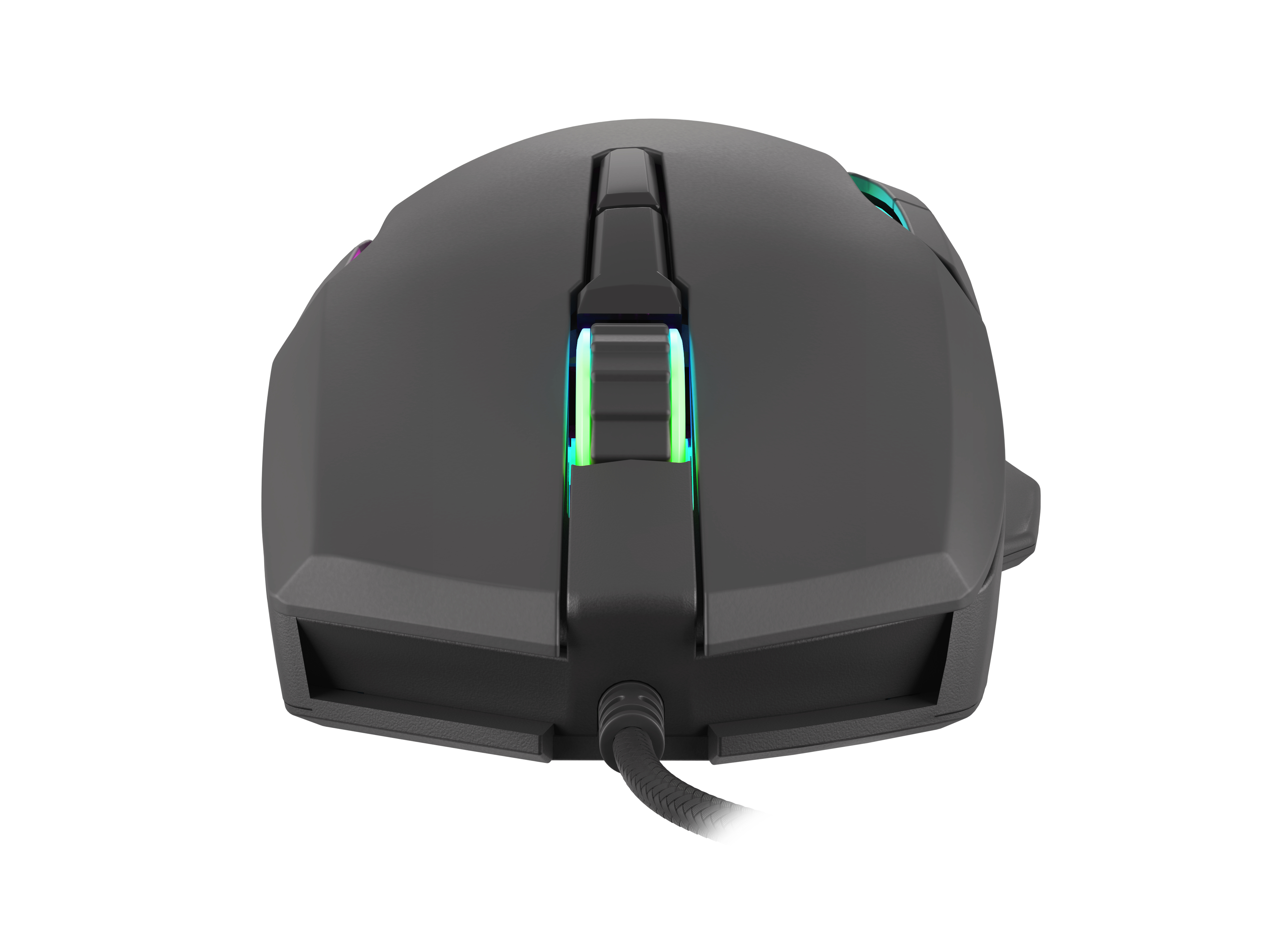 Zwarte gamingmuis met meerkleurig licht en een kabel, witte achtergrond.
