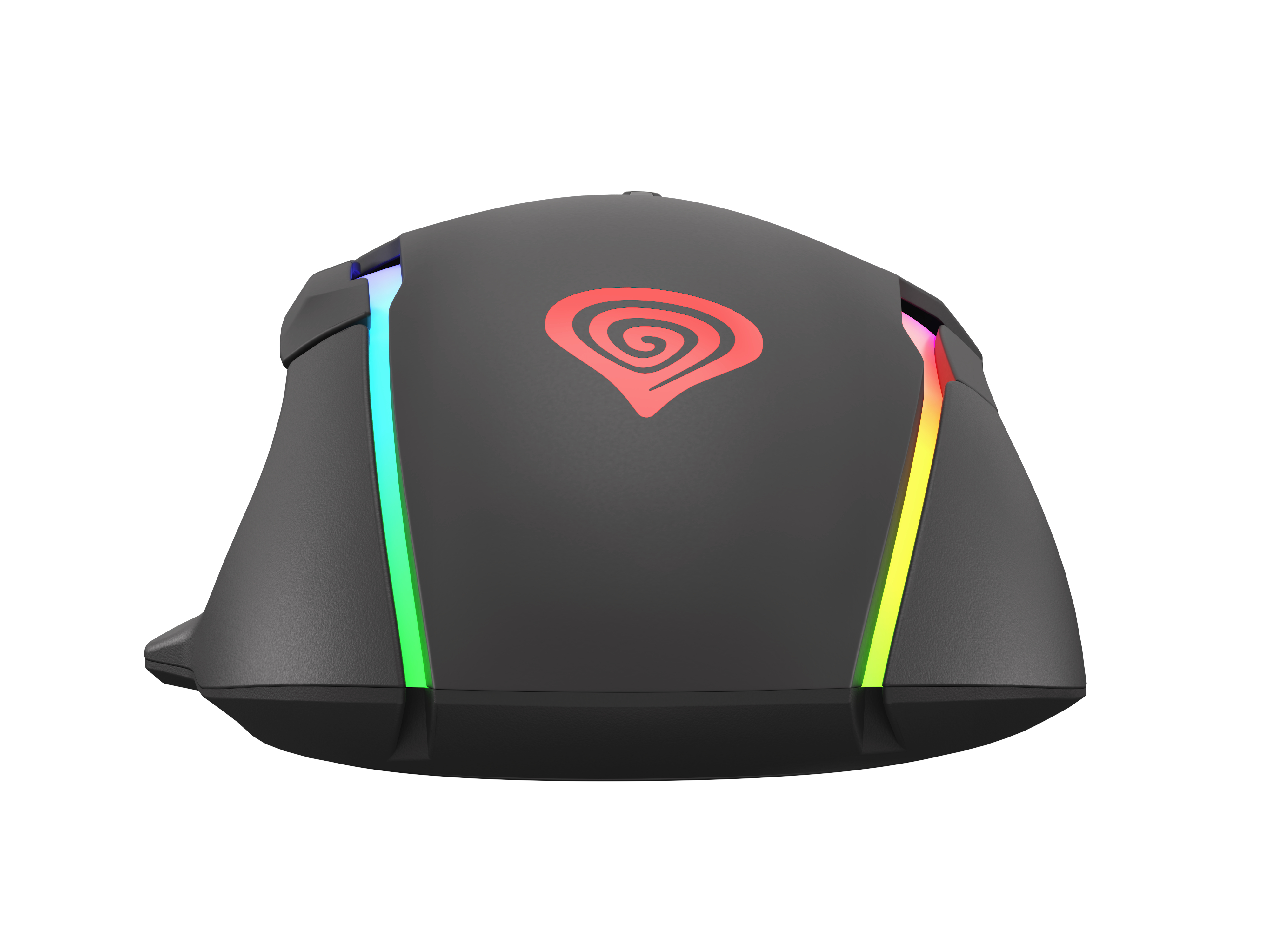 Zwarte gamingmuis, bovenaanzicht. Rood logo en RGB-lichten op de zijkanten.
