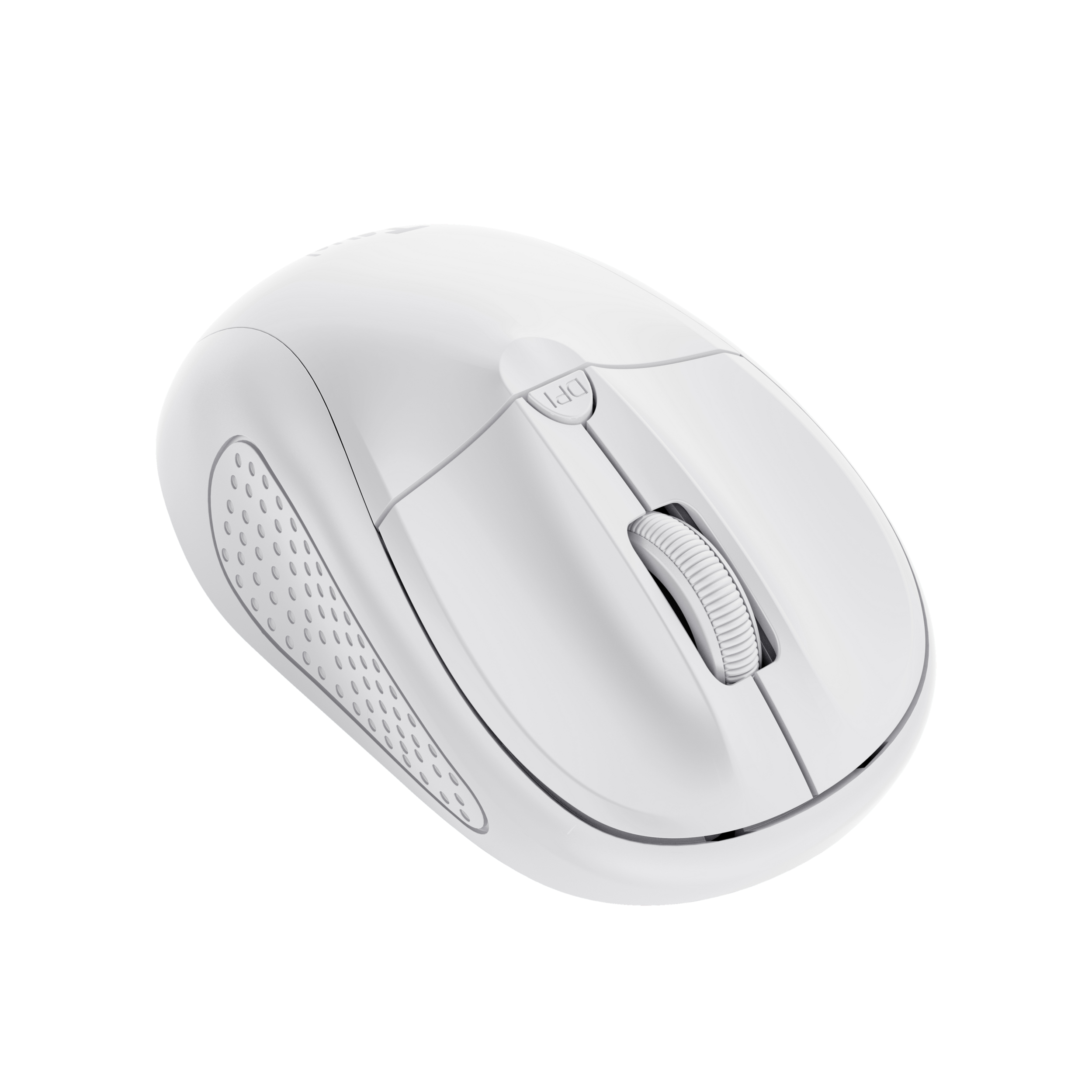 White wireless mouse with a scroll wheel and buttons.
