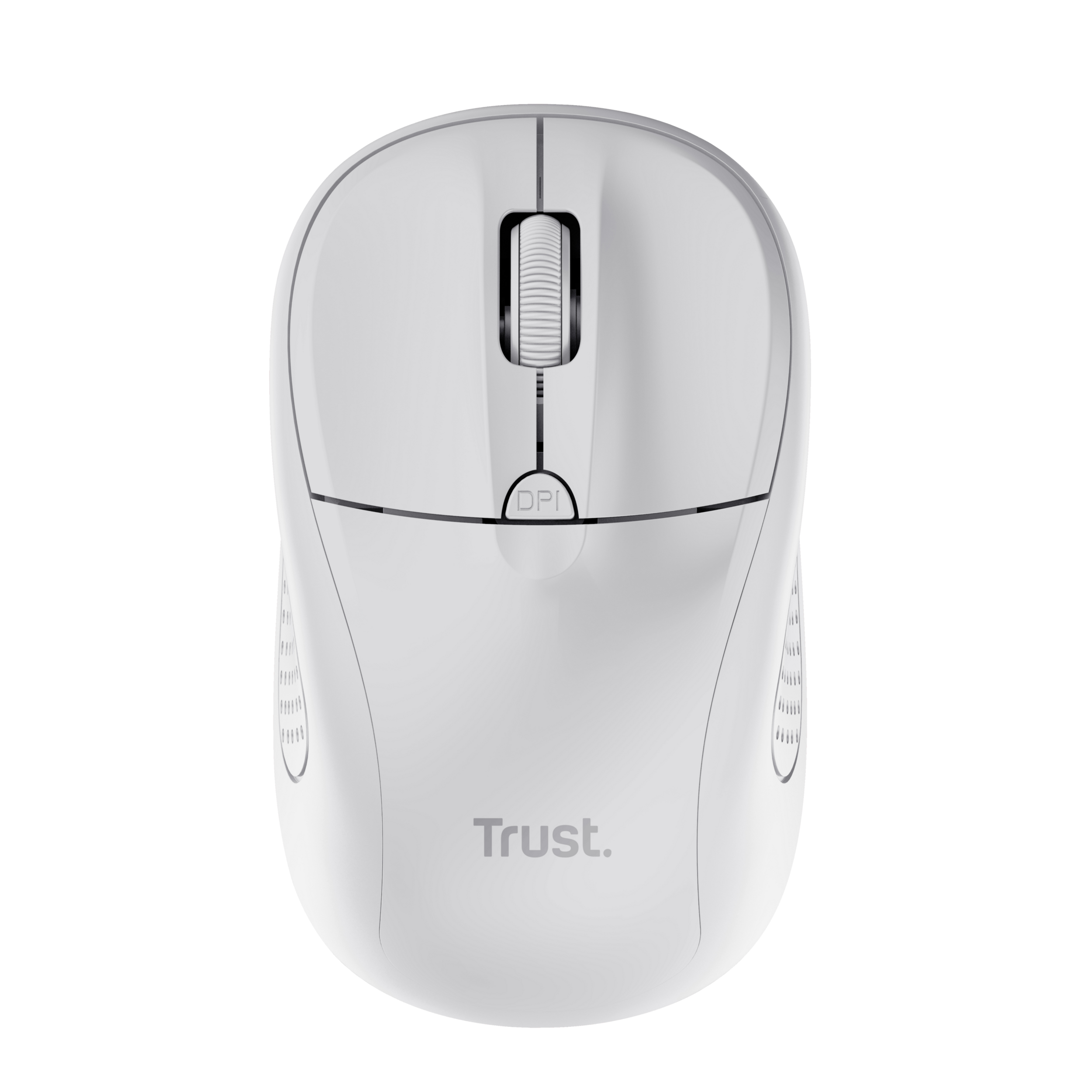 A white computer mouse with a scroll wheel and a DPI button. The brand is Trust.