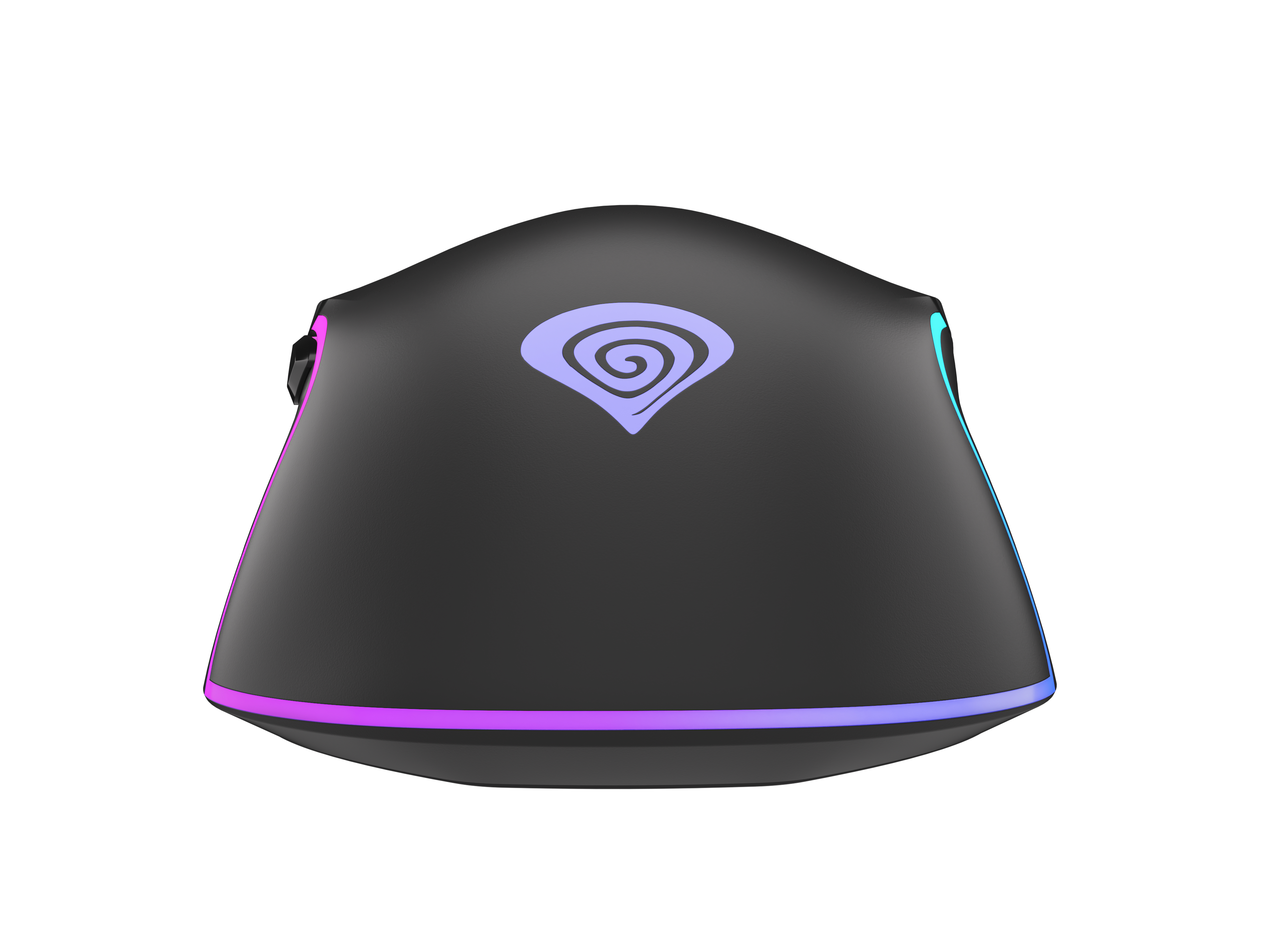 Czarna mysz do gier z logo i świecącymi krawędziami. Białe tło.