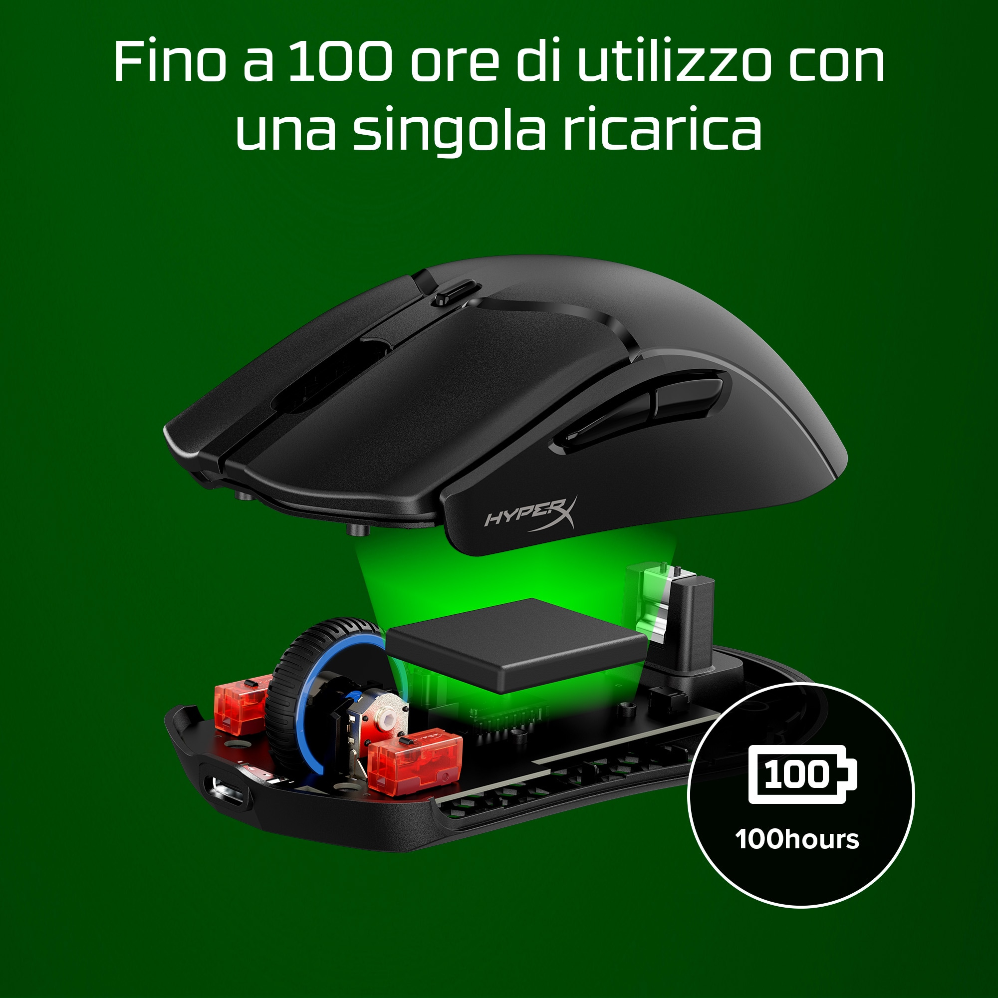 Czarna bezprzewodowa mysz komputerowa, otwarta, aby pokazać elementy wewnętrzne. Zielony tekst: '100 godzin'.