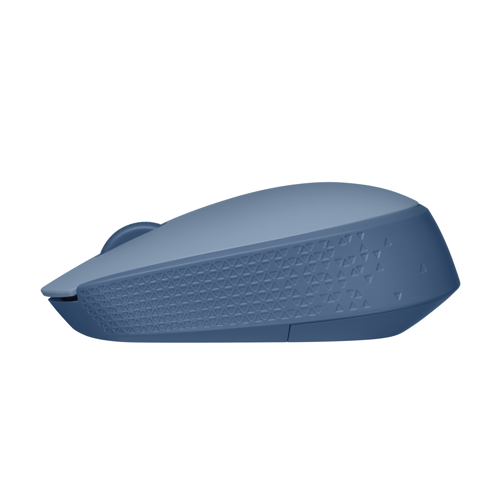 Blaue Computermaus mit strukturierter Grifffläche, von der Seite gesehen.