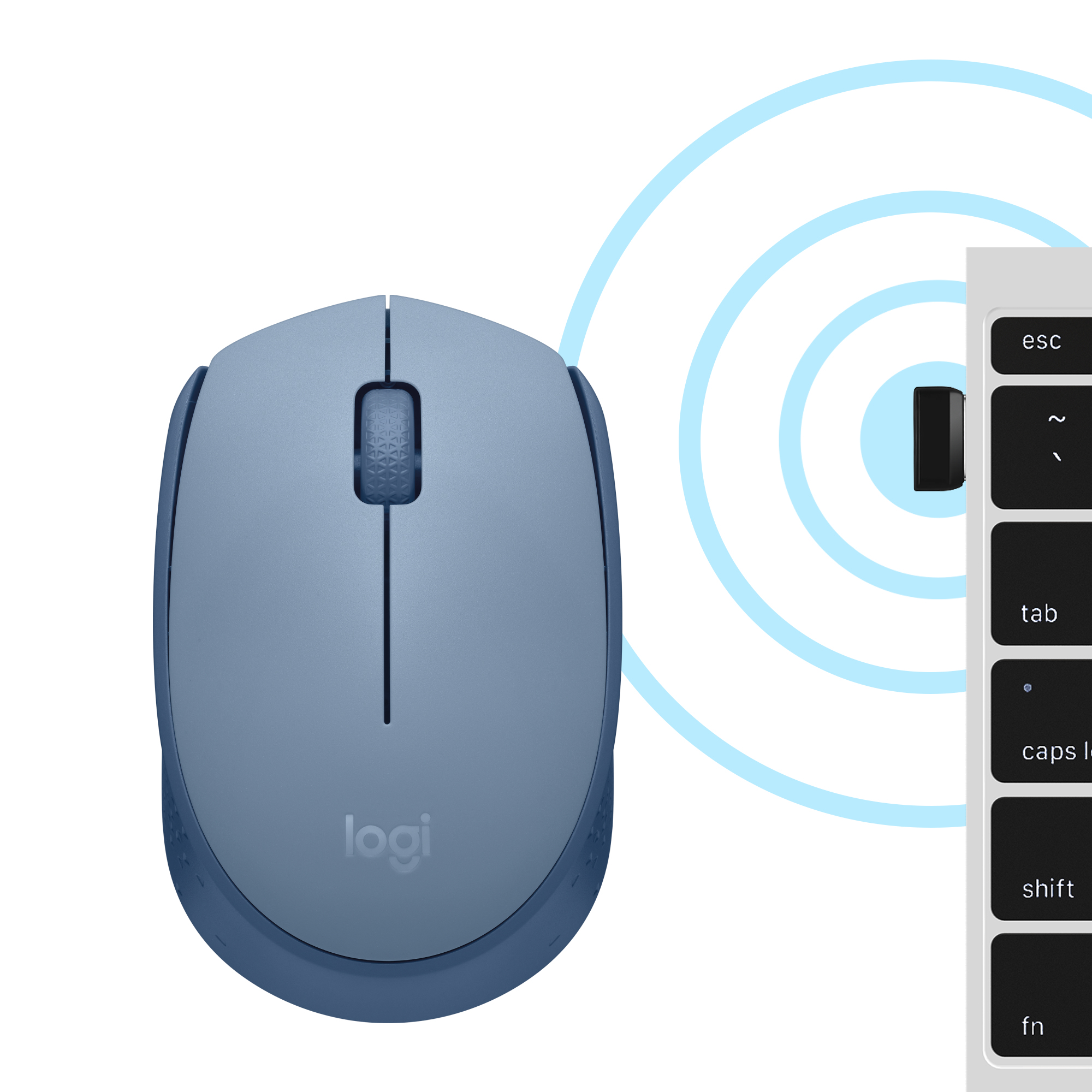 Eine hellblaue Maus mit Tastatur-Grafik und blauen Signalwellen.