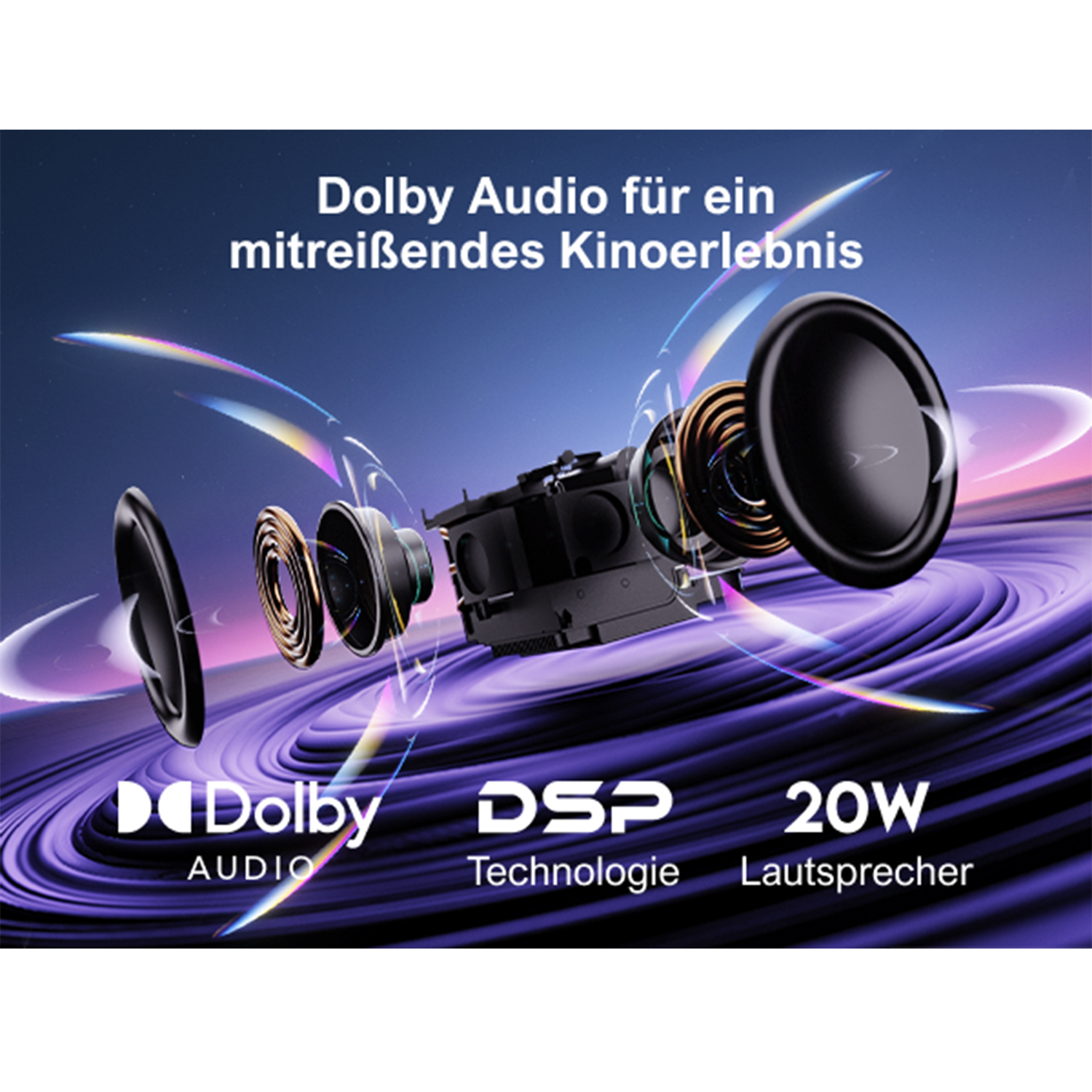 Audiolautsprecherkomponenten mit Dolby Audio, DSP-Technologie und 20W-Lautsprechertext. Lila Hintergrund.