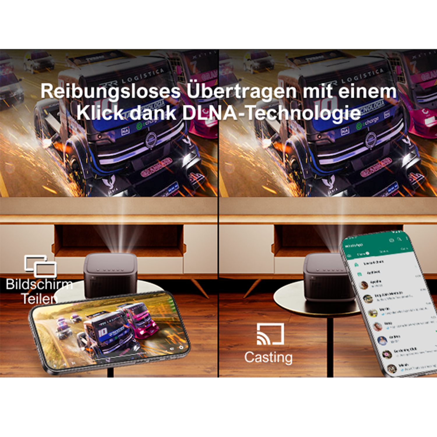 Mehrere Bildschirme zeigen Casting und Bildschirmfreigabe mit einem kleinen schwarzen Gerät.