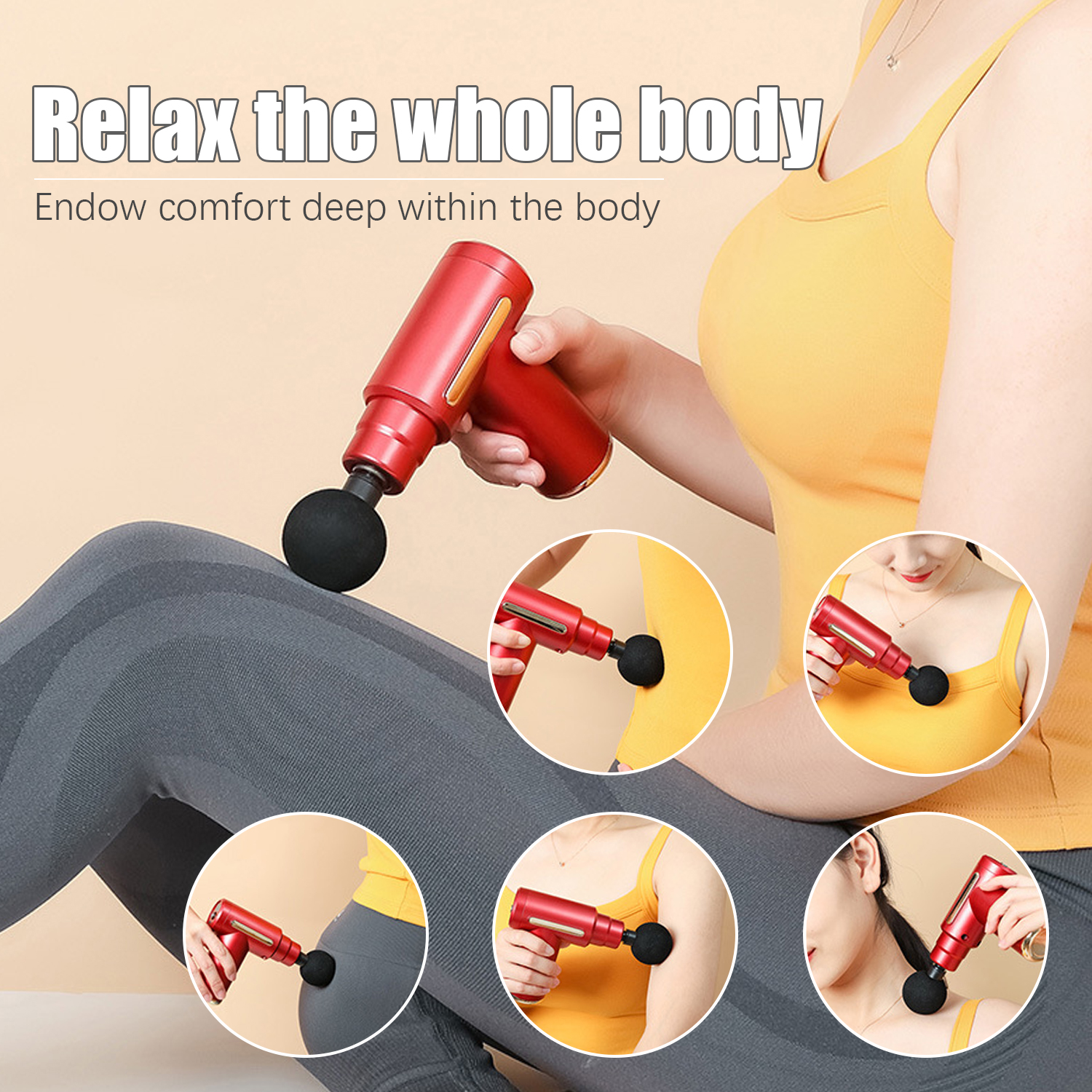 Czerwony pistolet do masażu jest używany na kilku częściach ciała: ramieniu, plecach i nogach.