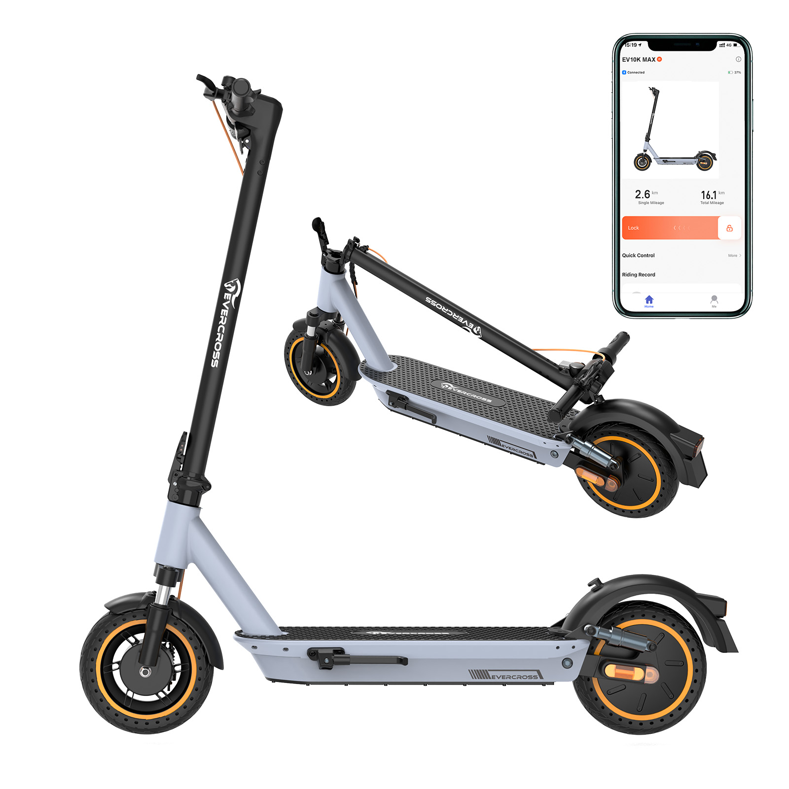 Scooter grigio e nero con ruote arancioni. Uno smartphone mostra le funzioni della sua app.