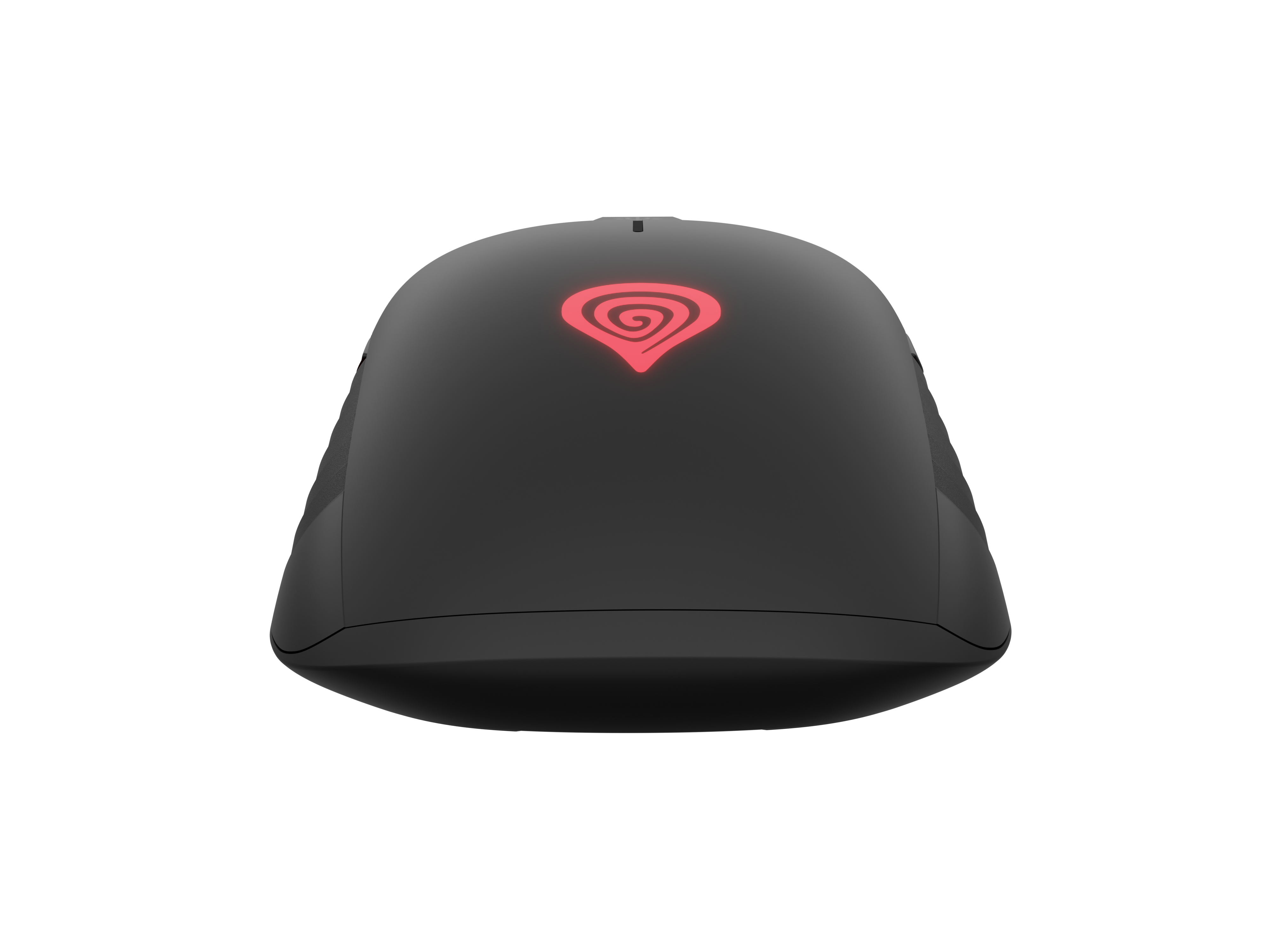 Czarna mysz gamingowa z czerwonym świecącym logo na białym tle.