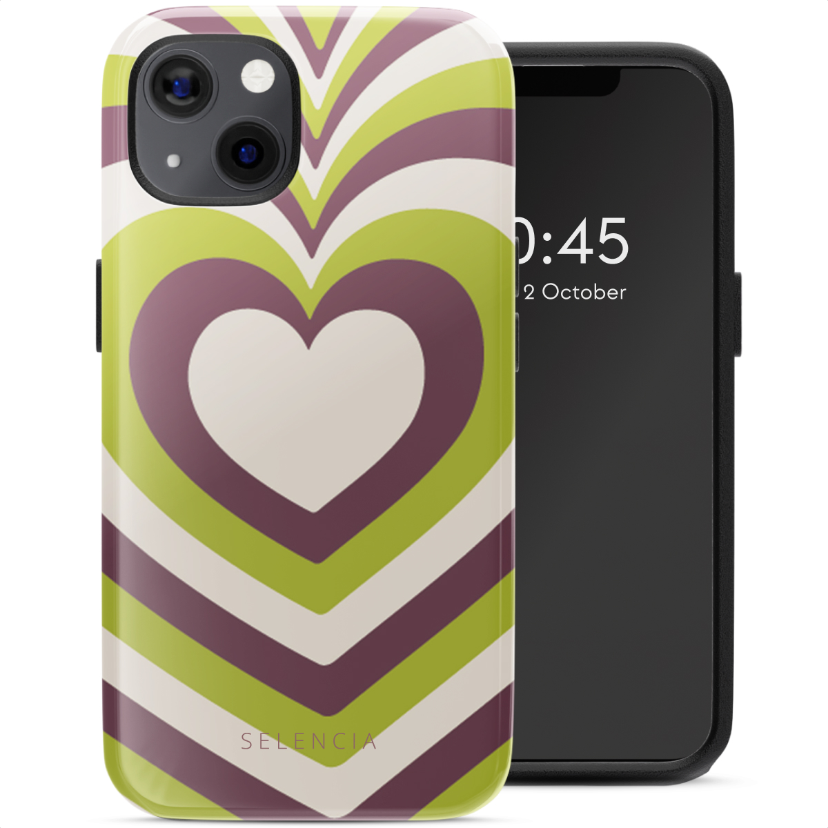 Un téléphone avec une coque au design cœur coloré, placé à côté d'un autre téléphone noir.