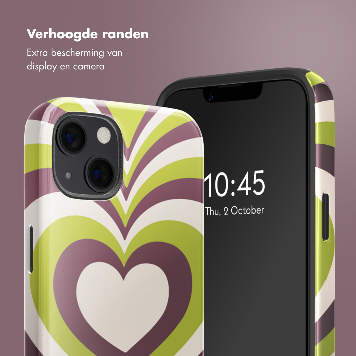 Un téléphone avec un étui en forme de cœur, affichant l'heure. Le texte dit 'Bords surélevés' et 'Protection supplémentaire'.