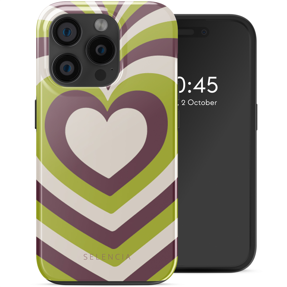 Téléphone avec un étui à motifs de cœur. L'étui est vert, blanc et violet. L'écran affiche l'heure.