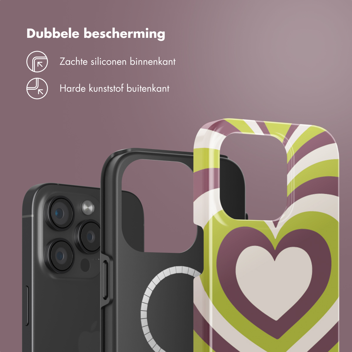 Coques de téléphone, une noire, une avec des rayures et un motif de cœur. Texte en néerlandais décrit la double protection.
