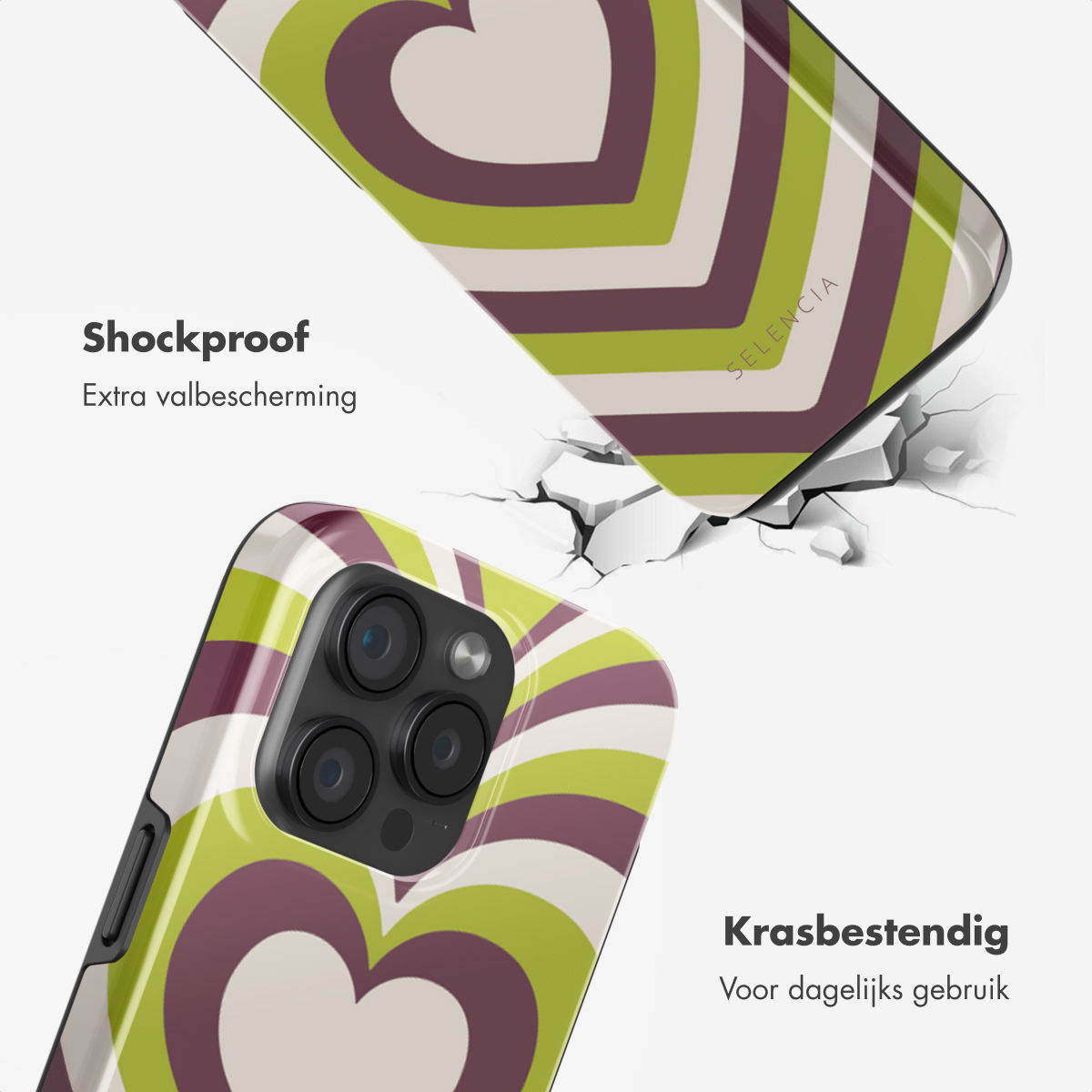 Coque de téléphone avec motif cœur, surface cassée. Texte : Antichoc, résistant aux rayures.