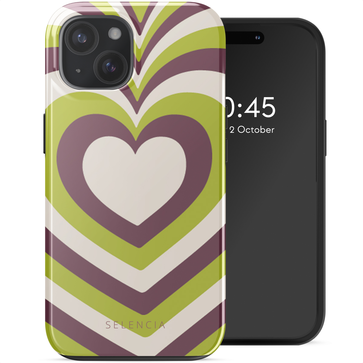 iPhone met een groene, paarse en witte hartpatroonhoes, tegen een zwarte telefoon.