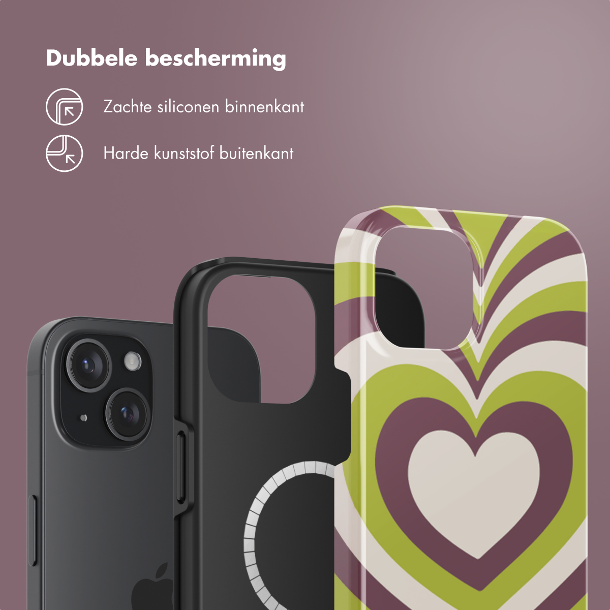 Drie telefoonhoesjes, één zwart, één zwart met een witte cirkel en één met een hartpatroon.