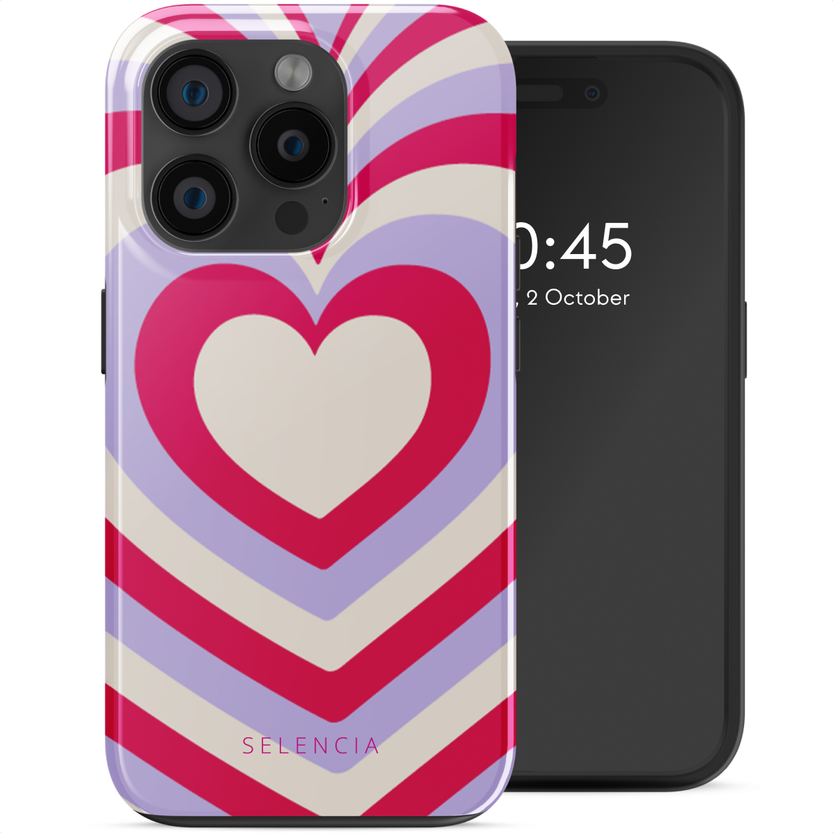 Een telefoonhoesje met een hartpatroon in rood, roze en wit met een zwarte telefoon.