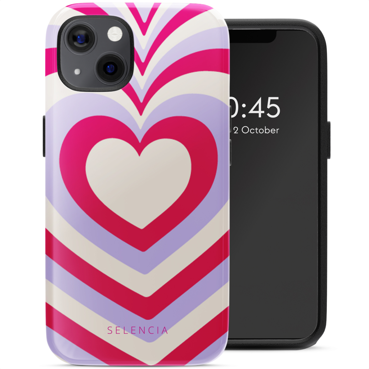 Téléphone avec un étui à motif de cœur, affichant l'heure.